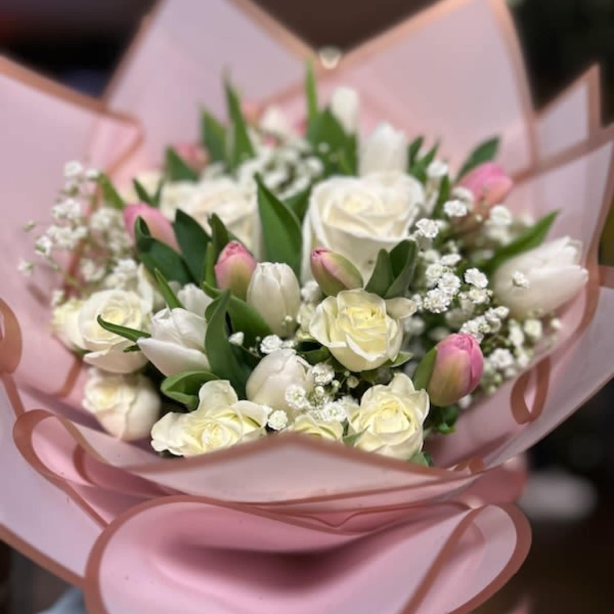 Boquet of white (regular and mini) roses, white tulips, pink tulips, and, photo 2 of 2