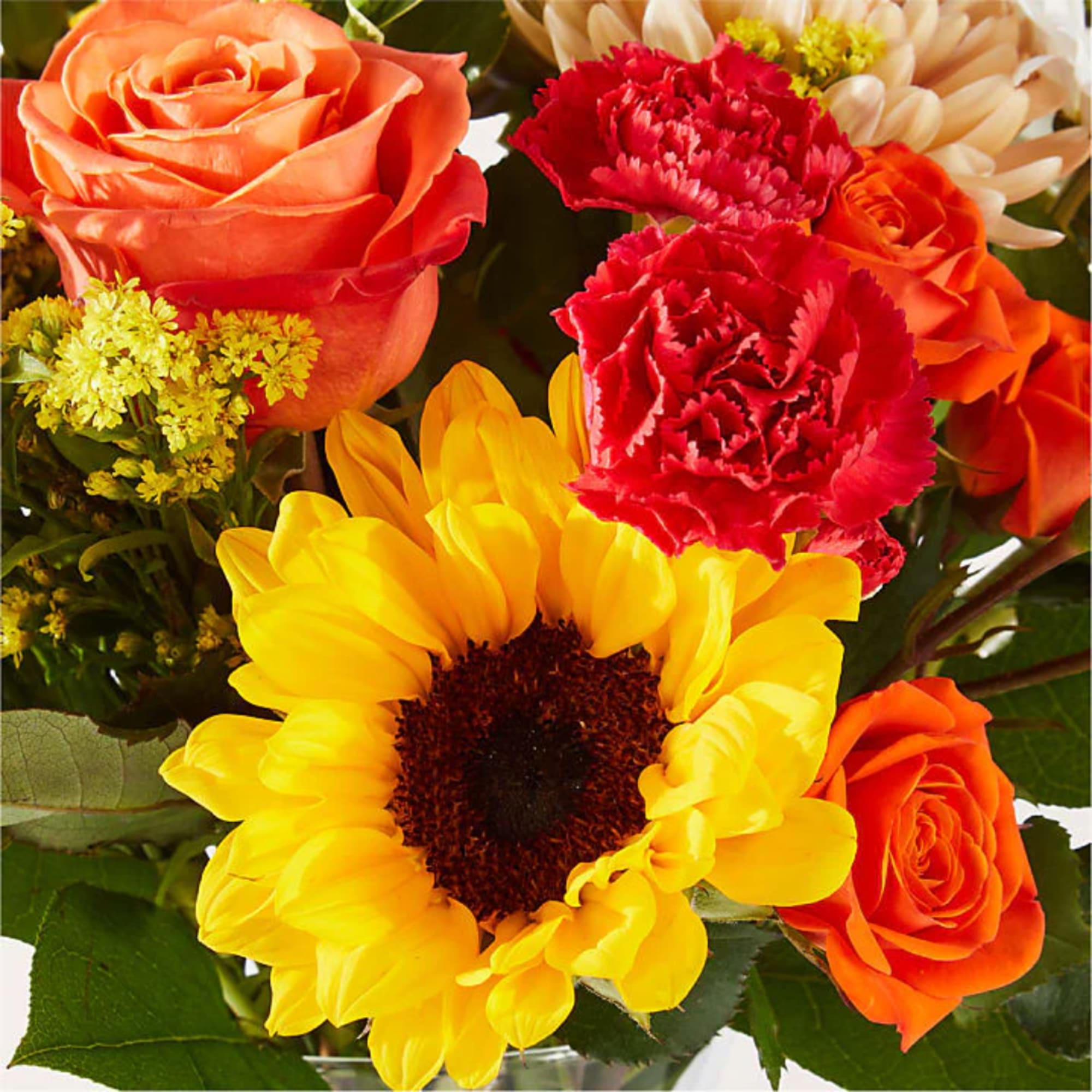 Bright mixed bouquet with orange roses, red carnations, and a yellow sunflower