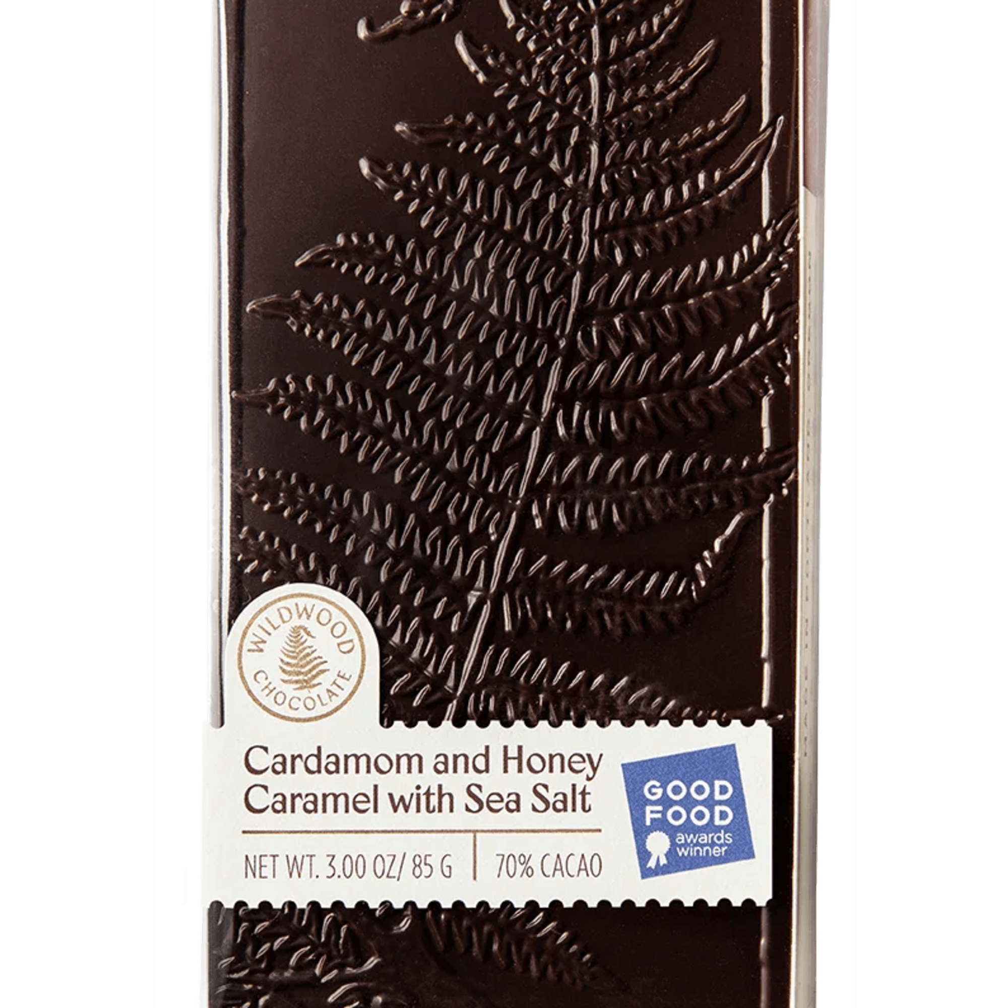 Dark chocolate bar in clear wrapper with a fern design and label