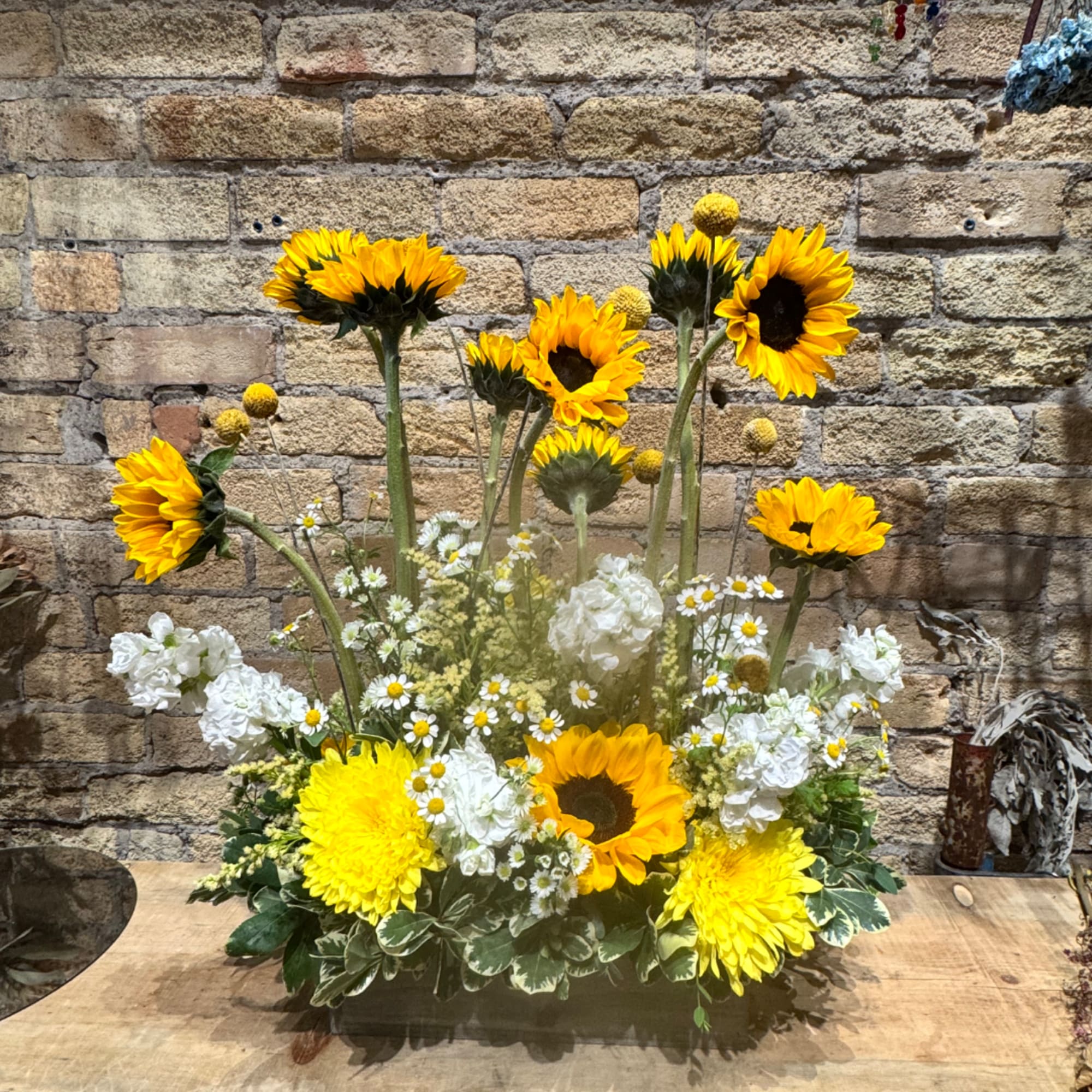 Sunflower and white flower arrangement in a low rectangular container