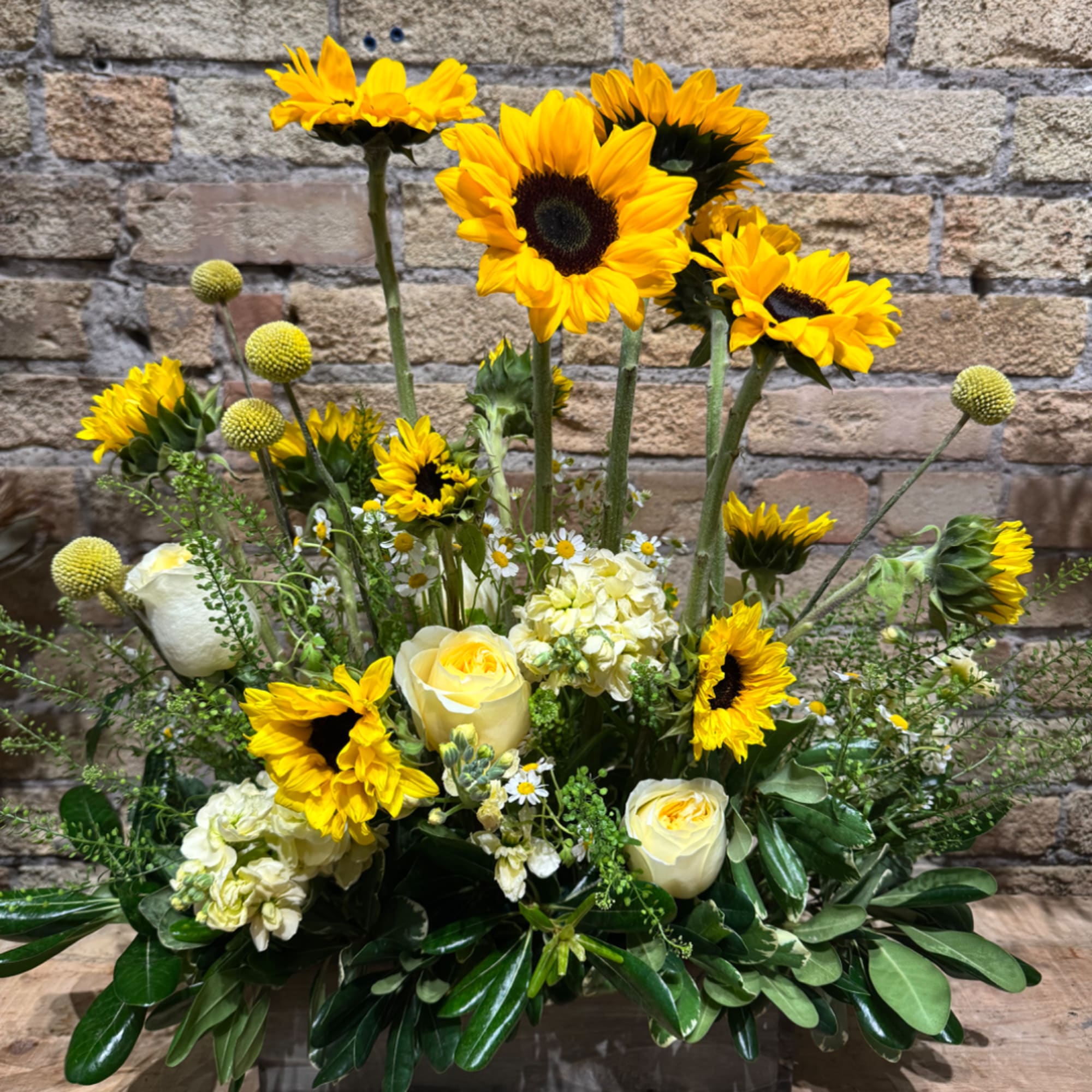 Yellow sunflower and cream rose arrangement in a low container