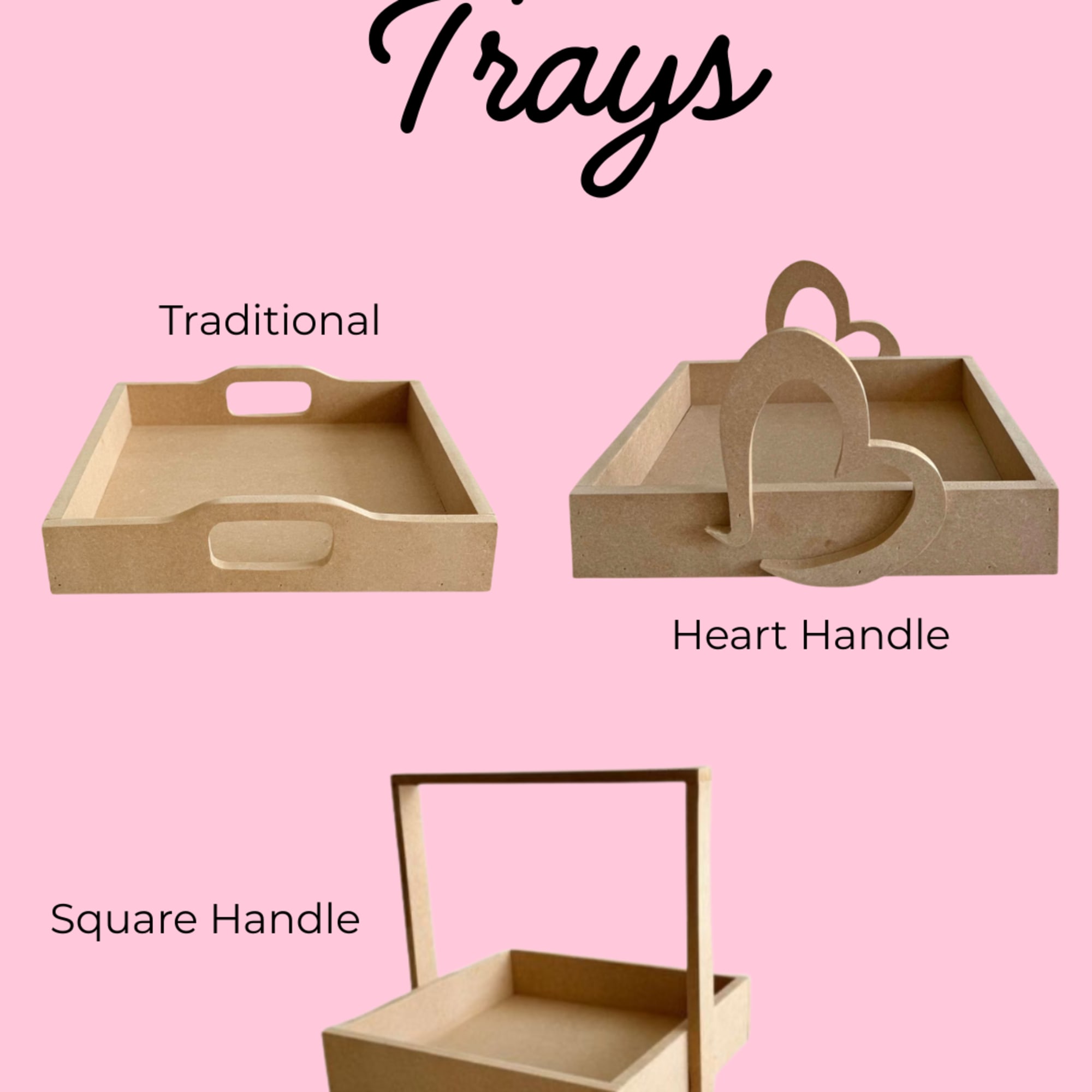 Three kraft paper gift trays with different handles on a pink background