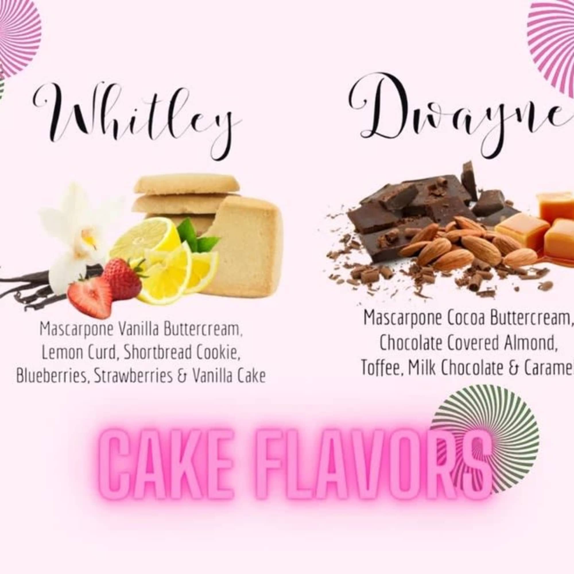 Cake flavor chart with vanilla-lemon and chocolate-caramel desserts