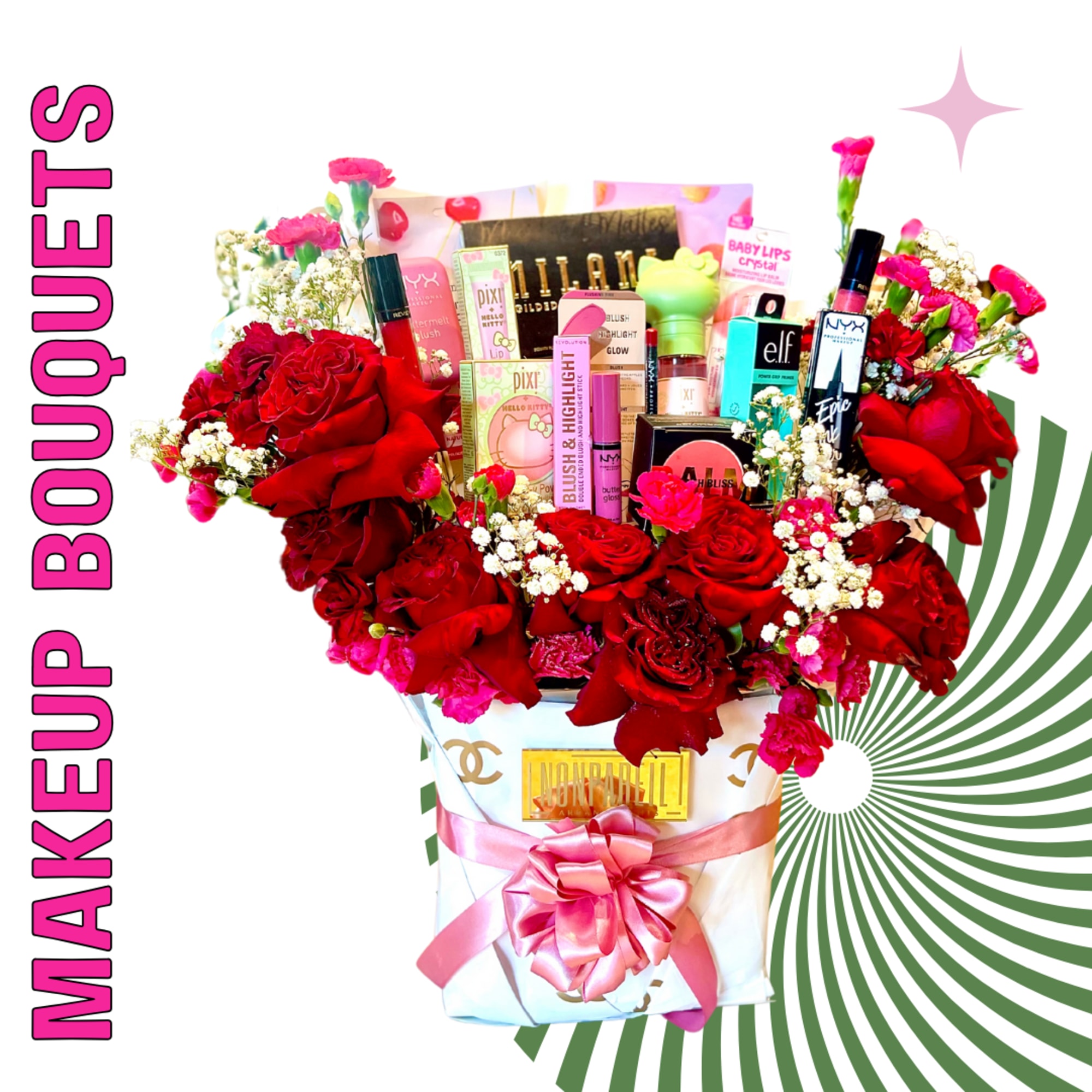 Bouquet of red roses and makeup products in a white gift box with pink ribbon