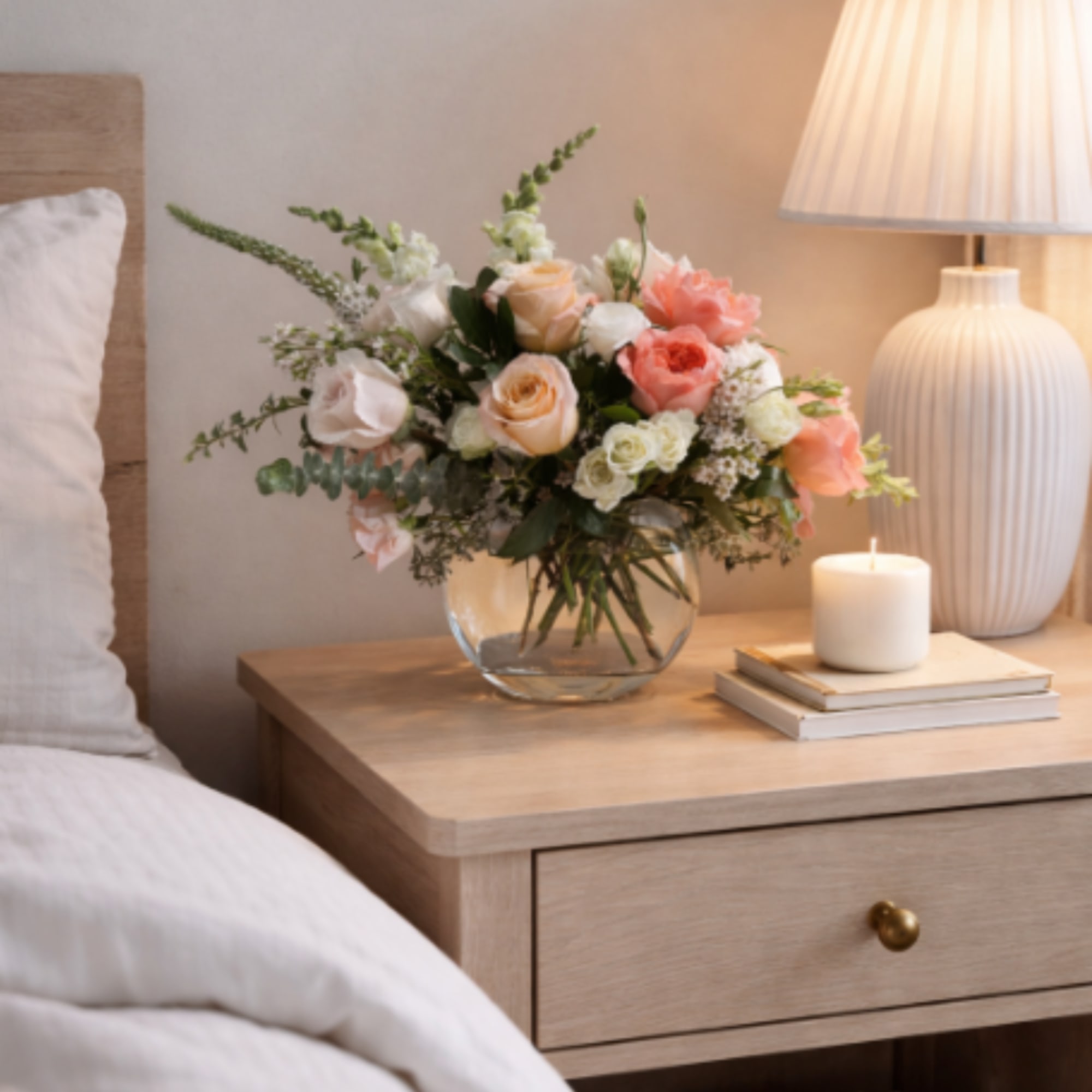 Peach and white rose arrangement in a clear bowl vase on a bedside table with lamp and candle