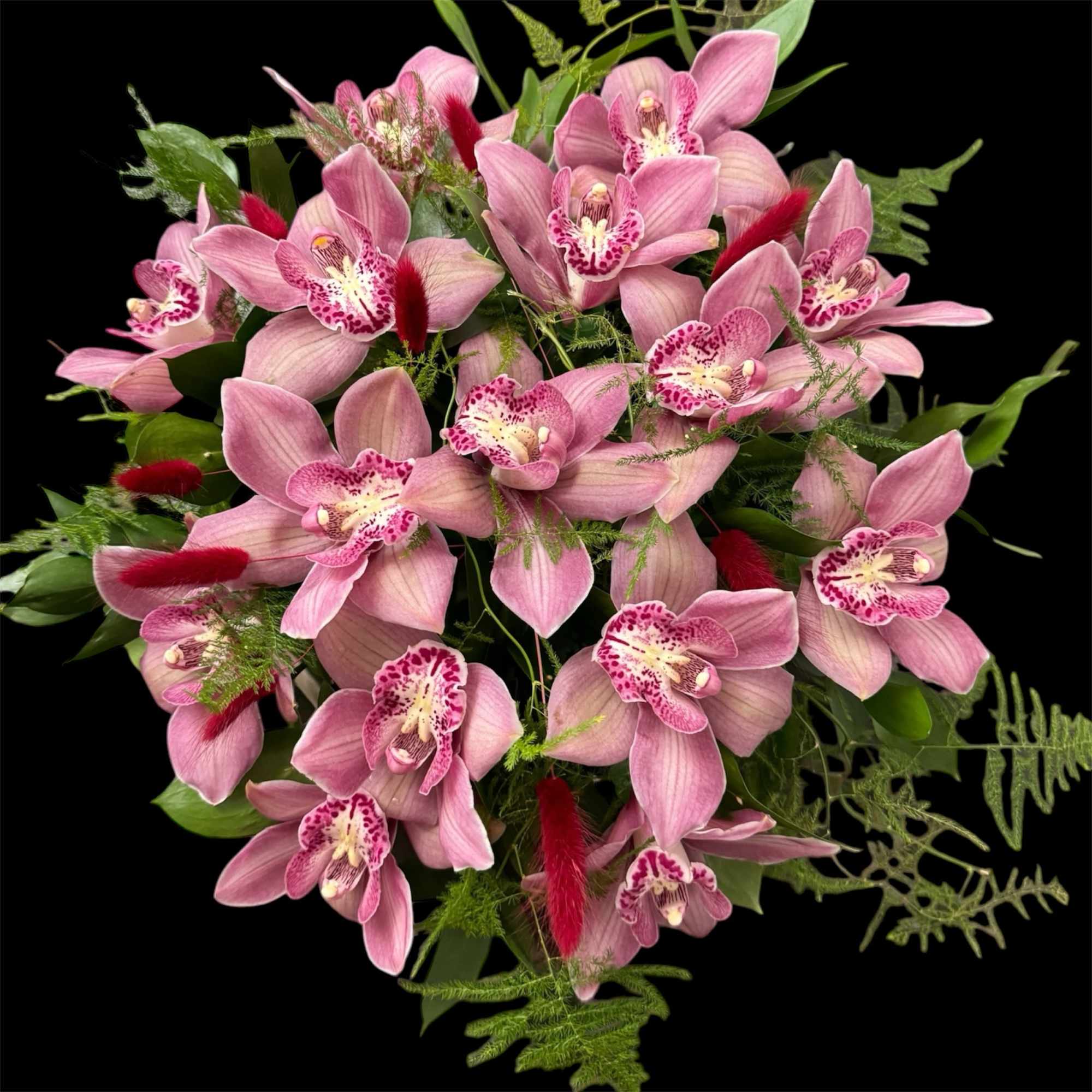 Pink orchids arranged with green foliage on a black background