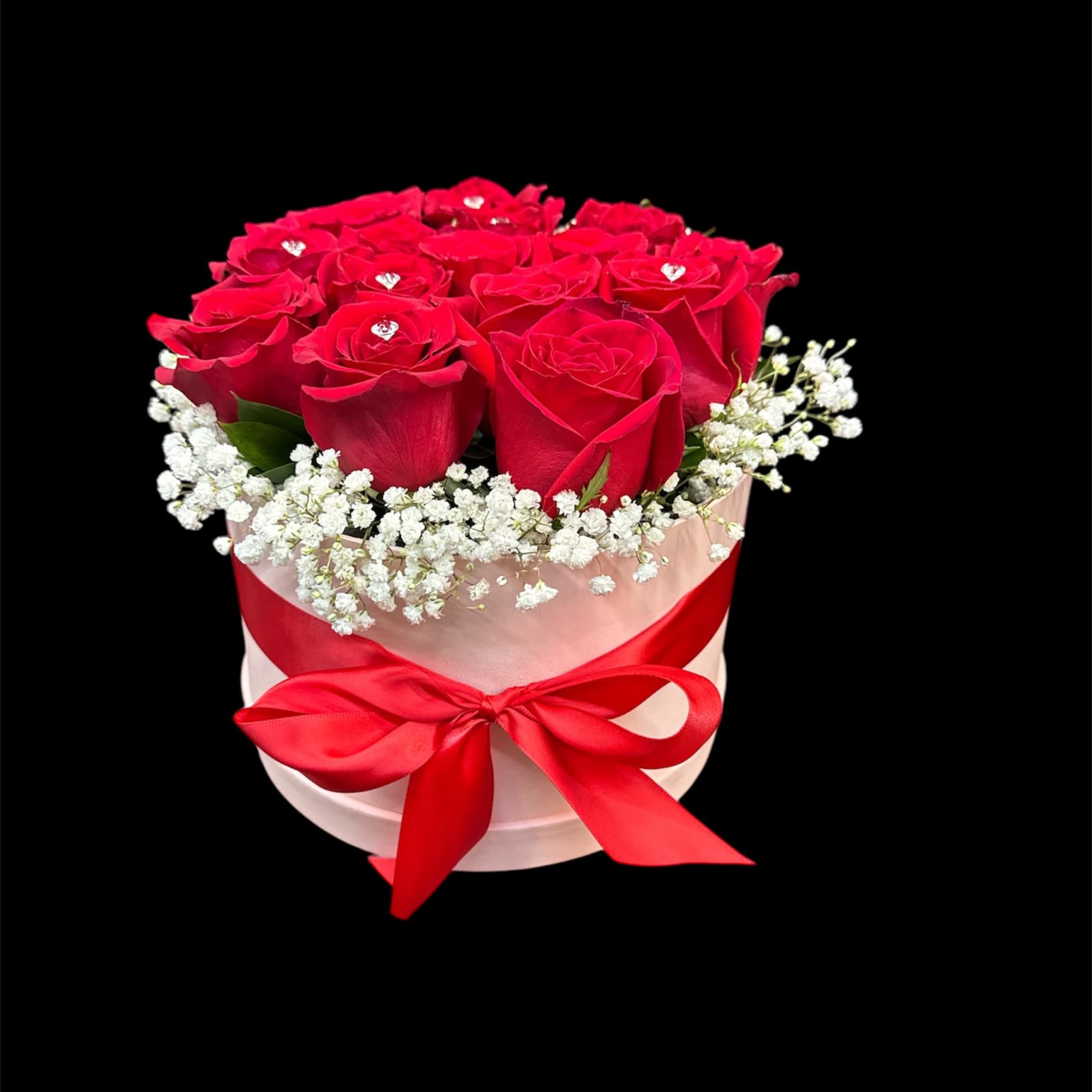 Red roses in a round white box with a red ribbon