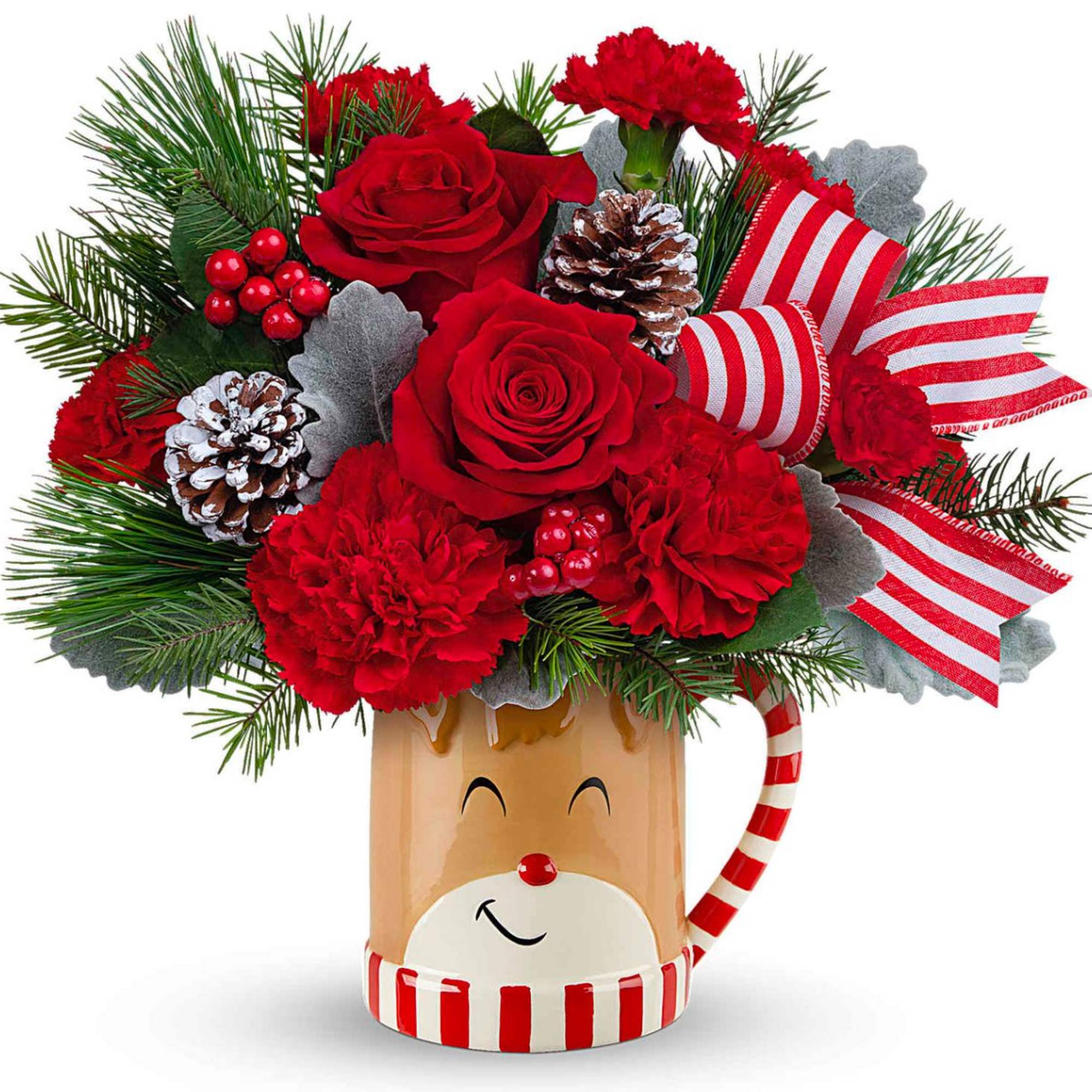 Red roses and carnations in a reindeer mug with striped ribbon