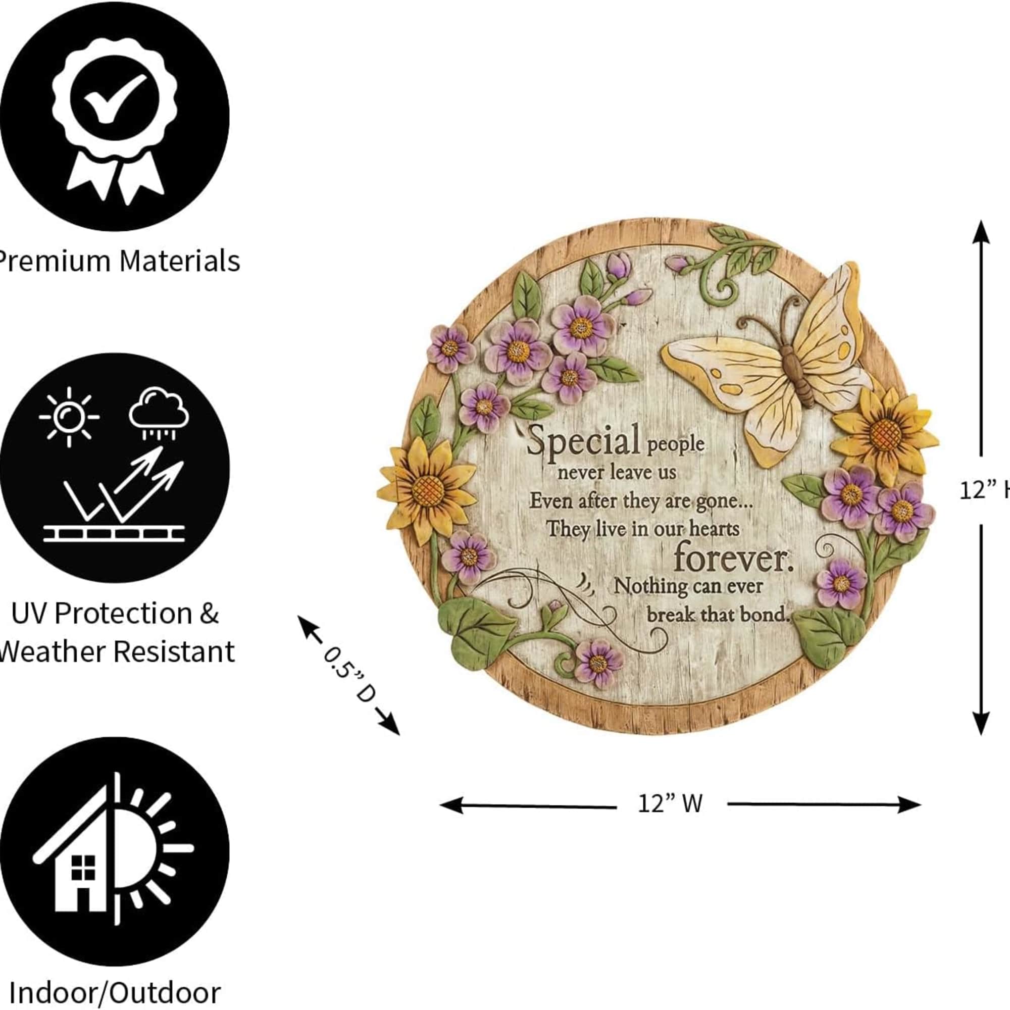 Round memorial plaque with flowers and butterfly design