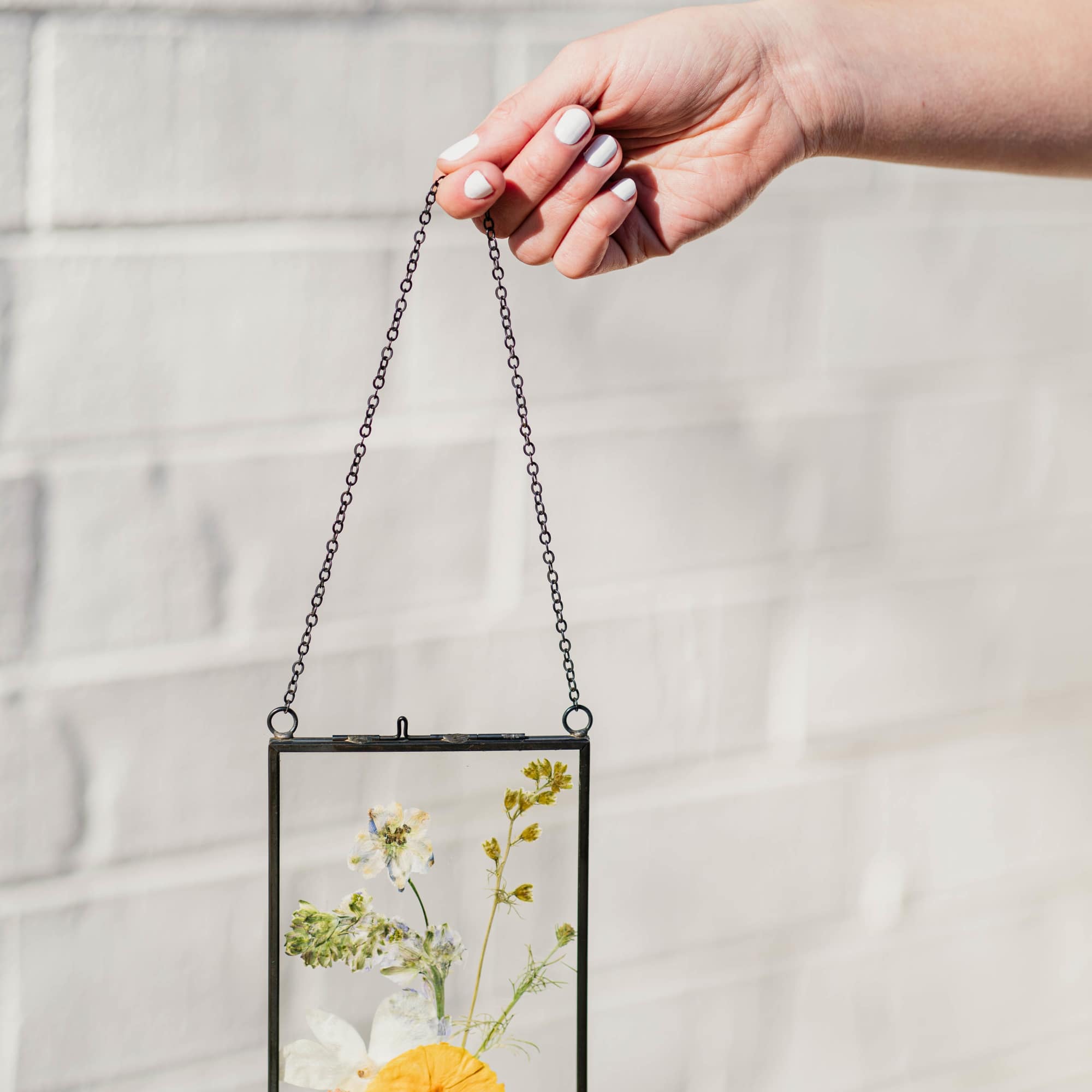 Pressed flowers in a hanging glass frame