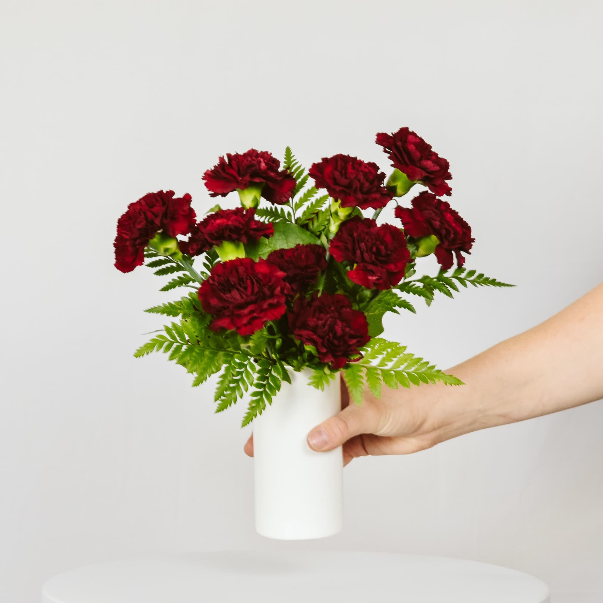 Red carnations in a white vase held by a hand