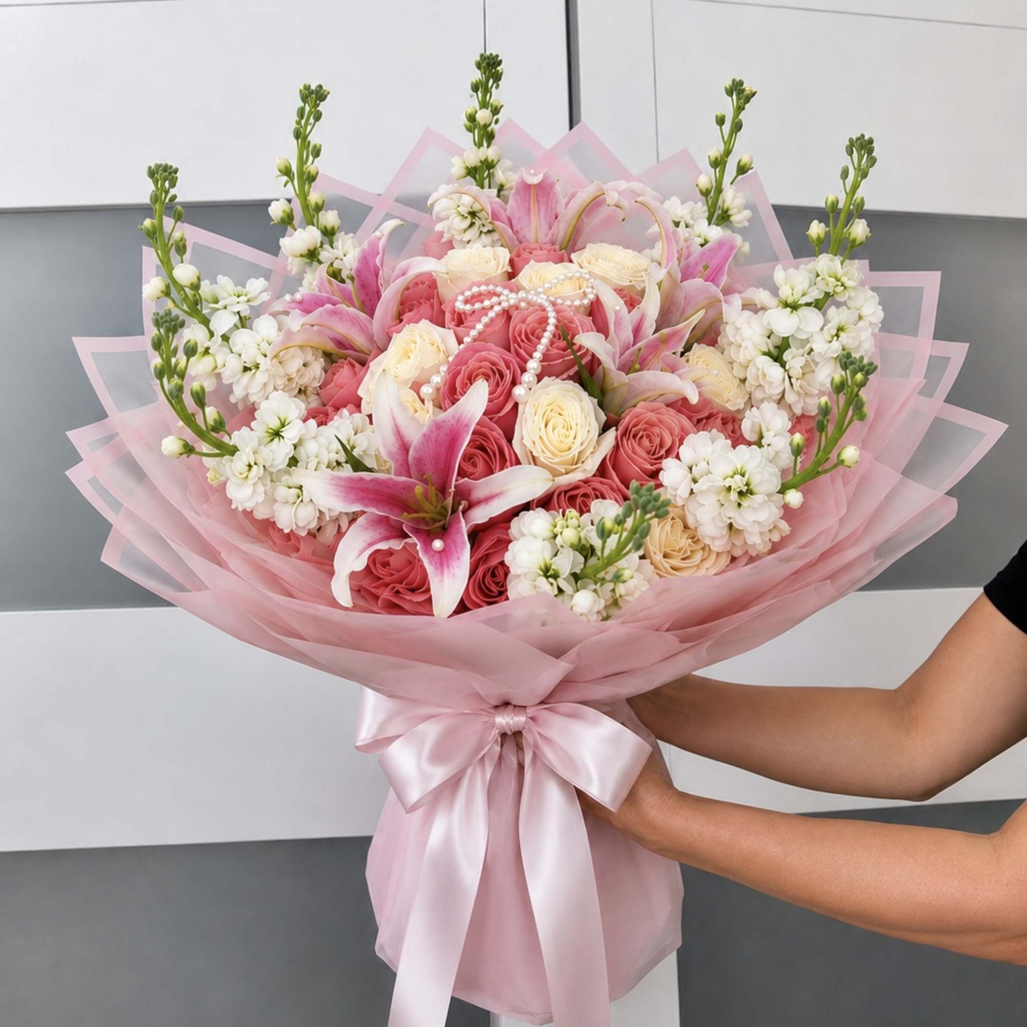 Pink and white bouquet of roses and lilies wrapped in pink paper