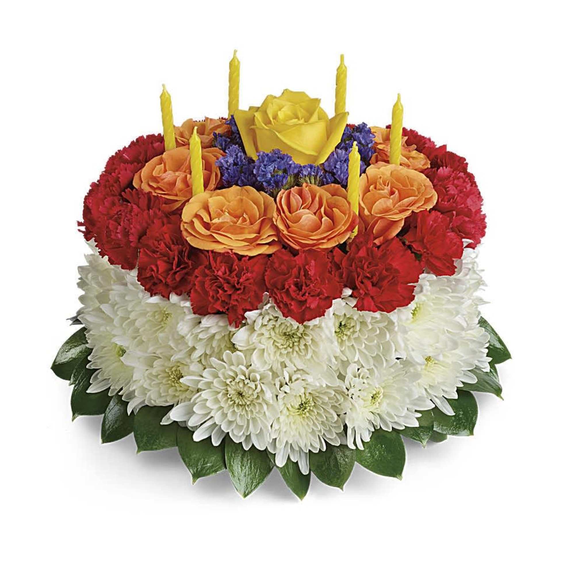 Sweet as a birthday cake, this creative, colorful bouquet of roses and