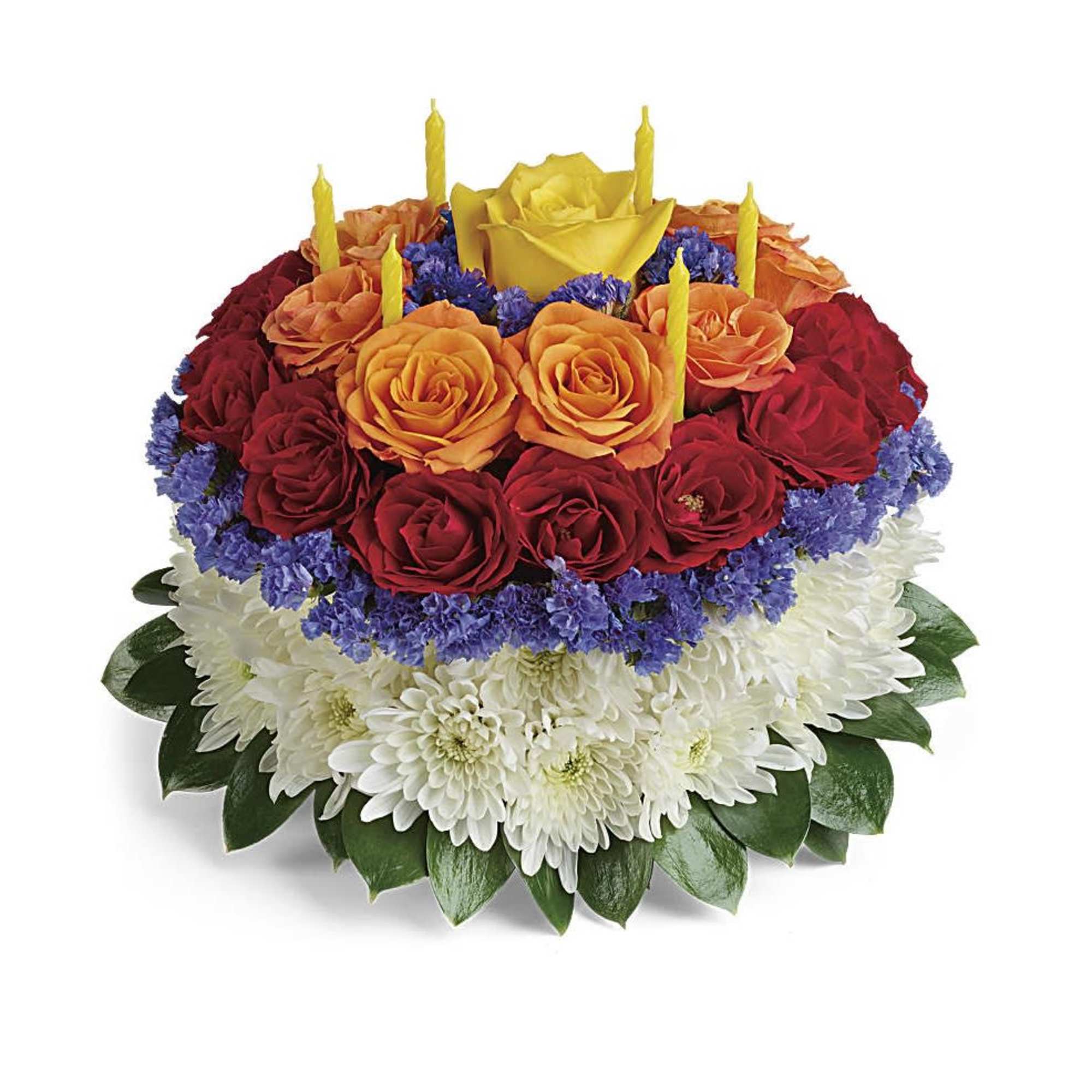 Sweet as a birthday cake, this creative, colorful bouquet of roses and