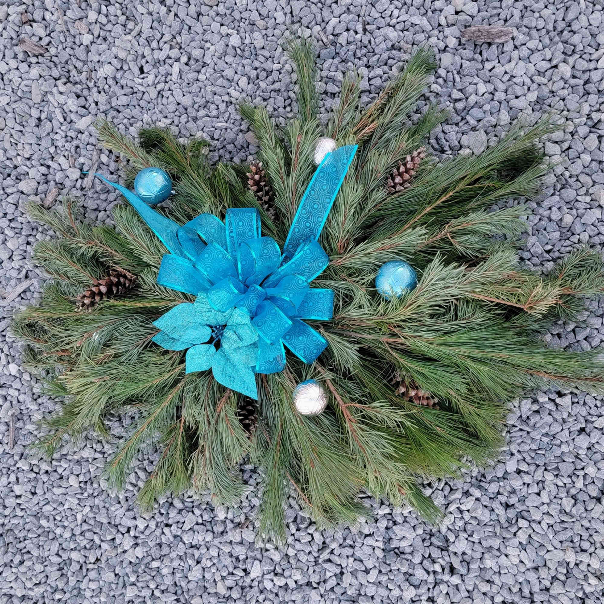 Half size fresh pine grave covering. Your choice of color of bow