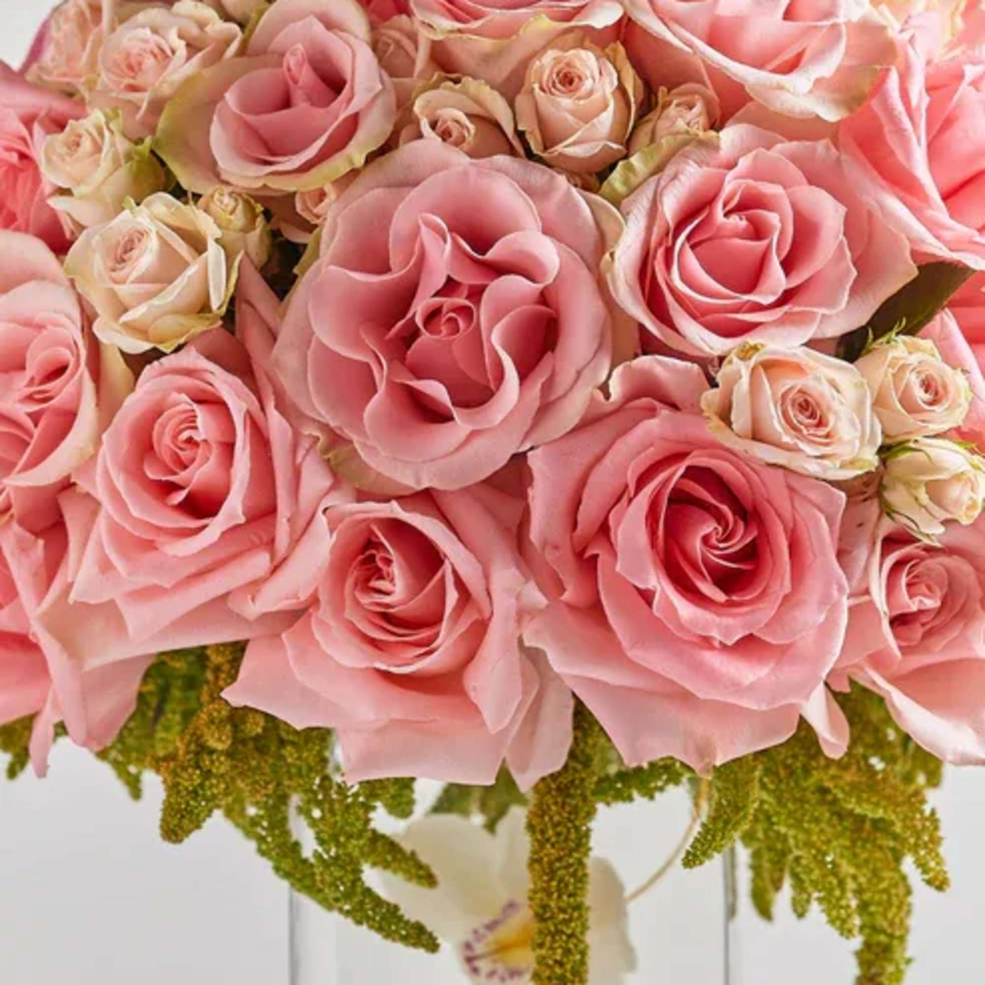 Pink rose bouquet in a clear glass vase with trailing green accents