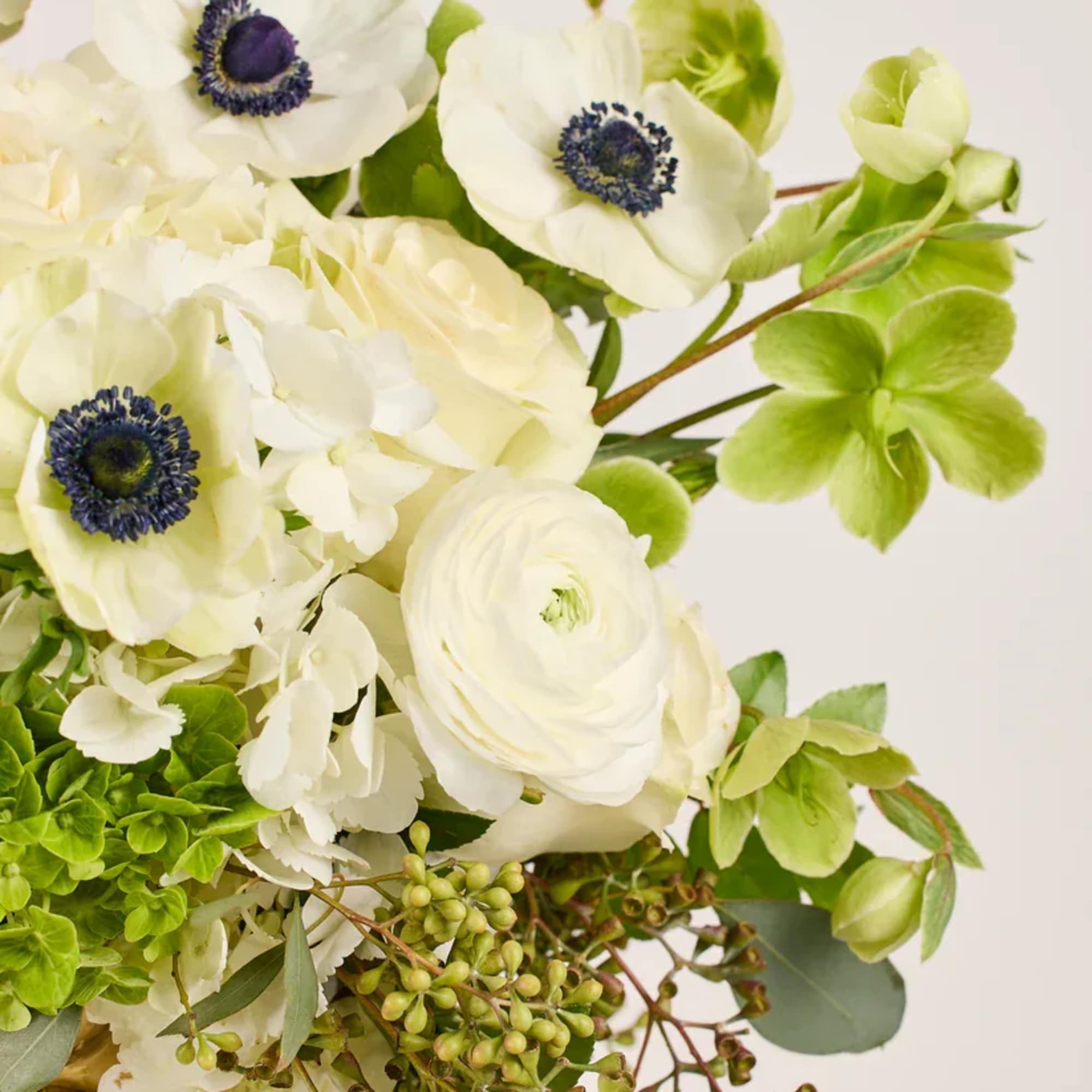 White flowers with dark centers and green blooms in a gold vase
