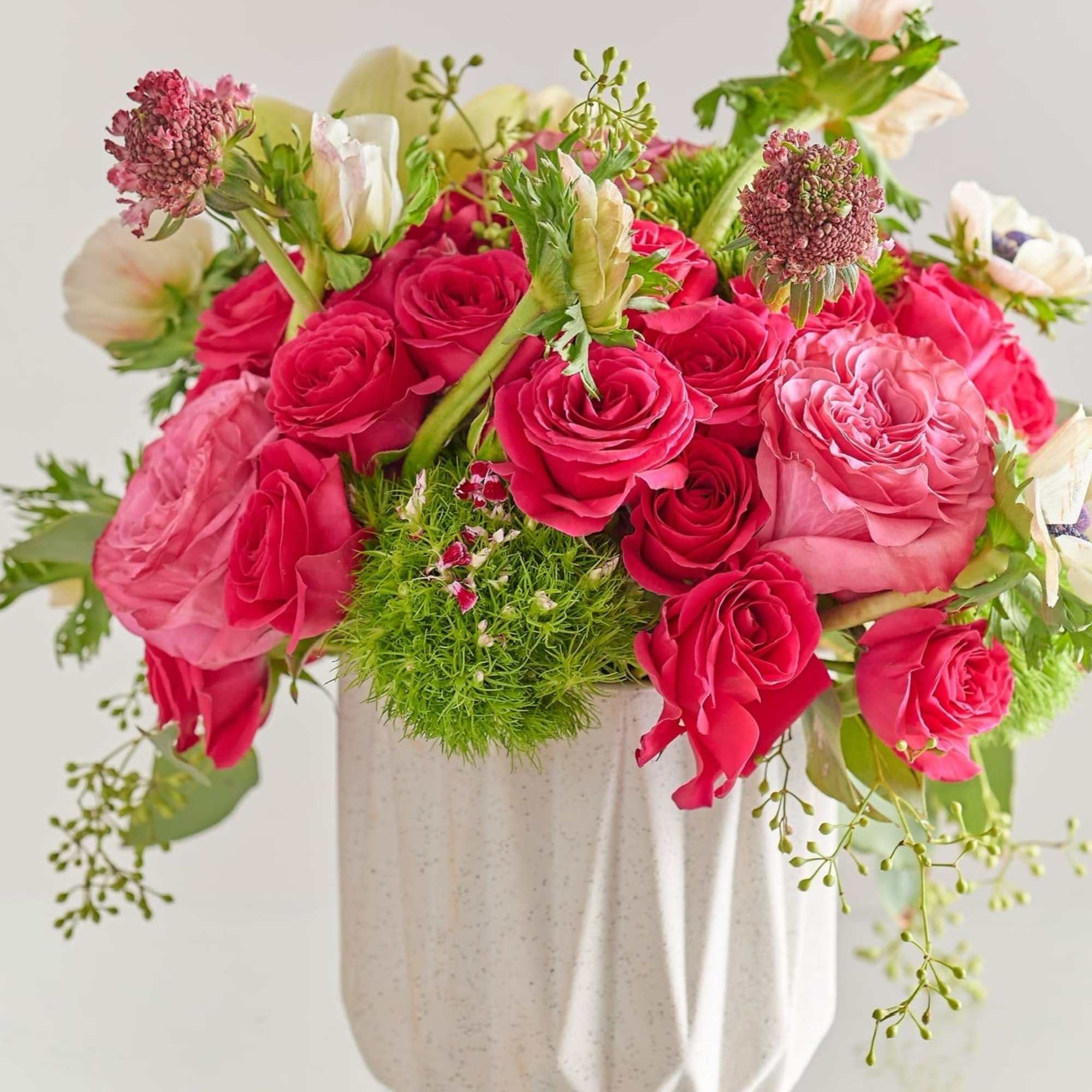 Pink and red roses arranged in a white vase