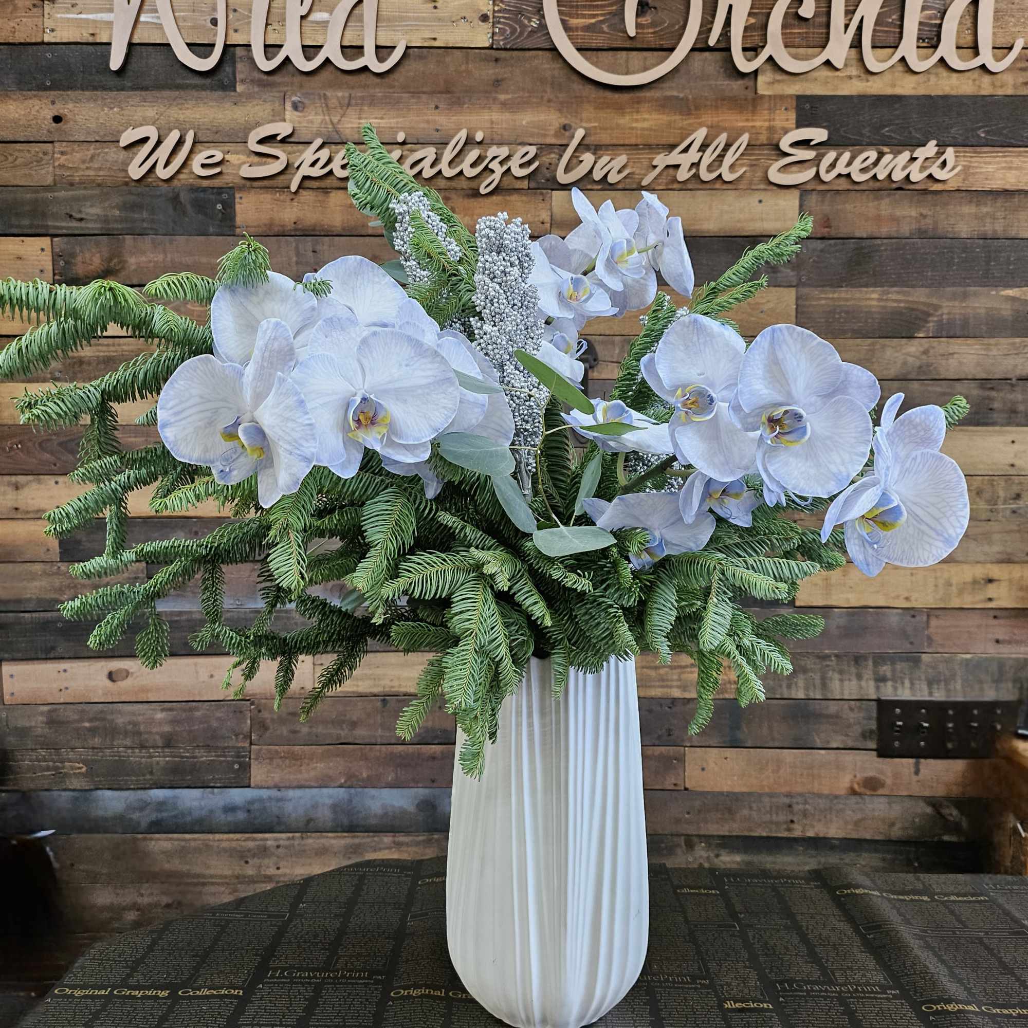 White orchids arranged in a tall vase with evergreen branches