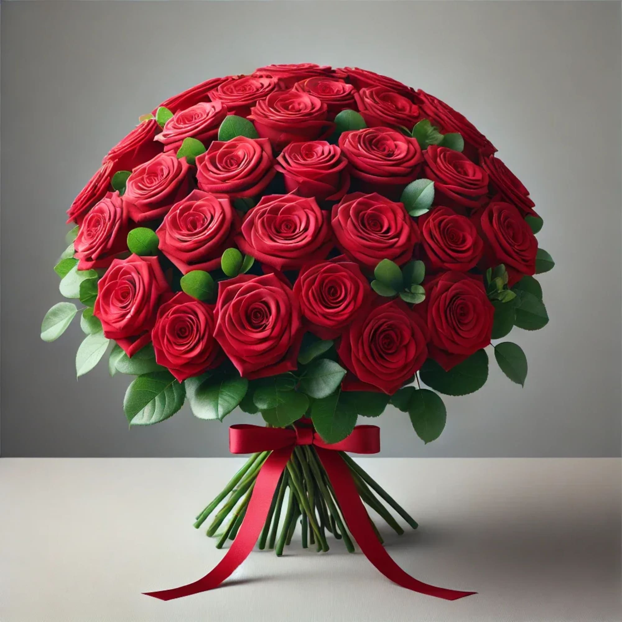 Large bouquet of red roses with green leaves tied with a red ribbon