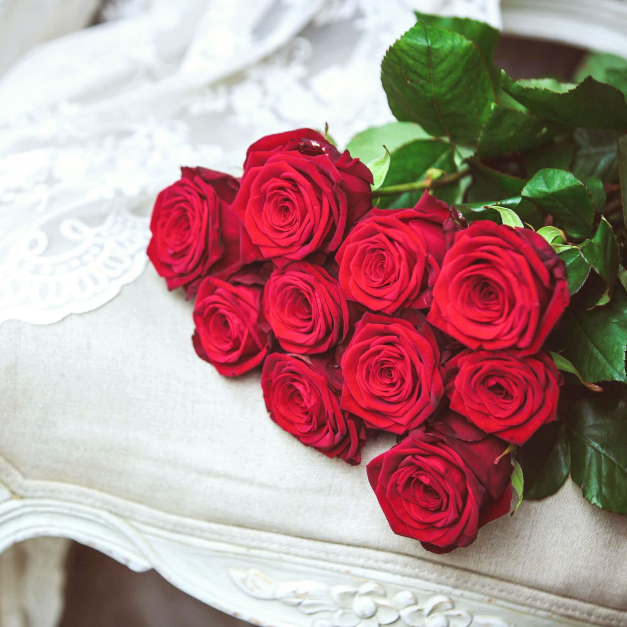 Bouquet of red roses on a light upholstered chair