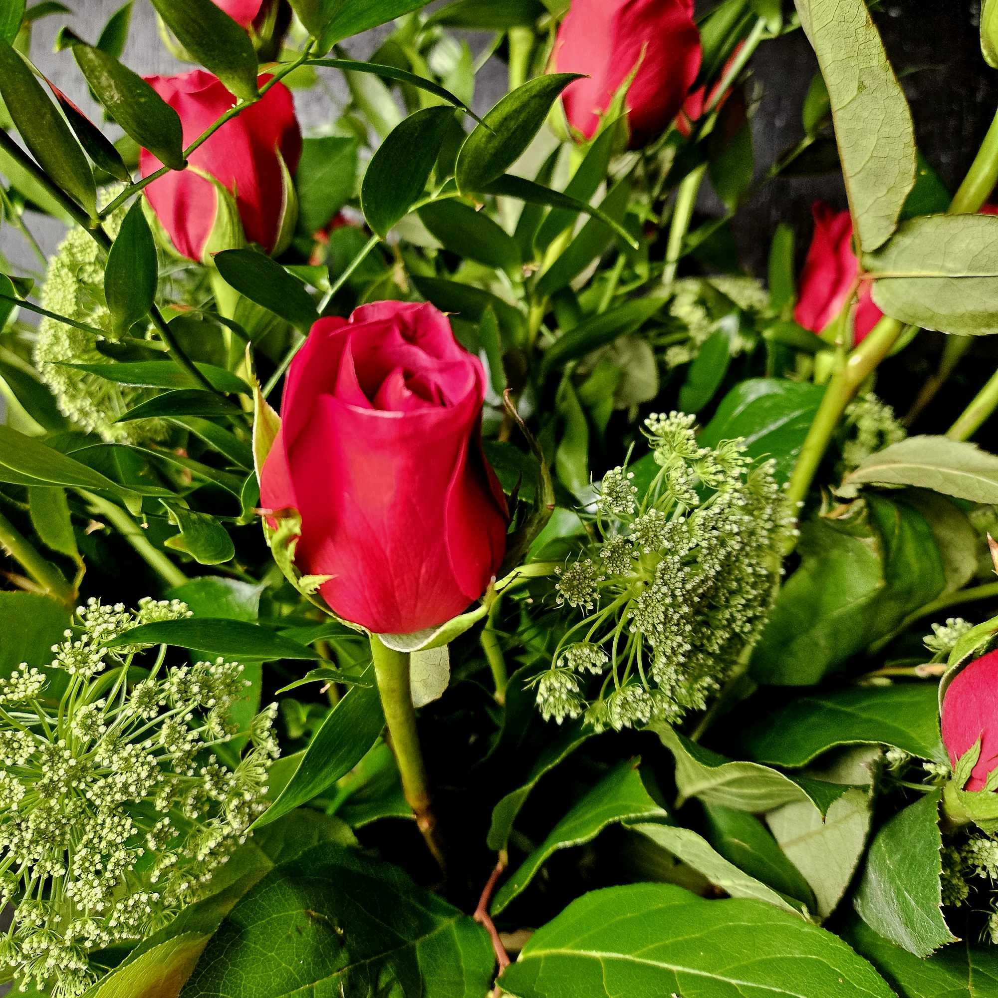 Pink roses with green filler and foliage