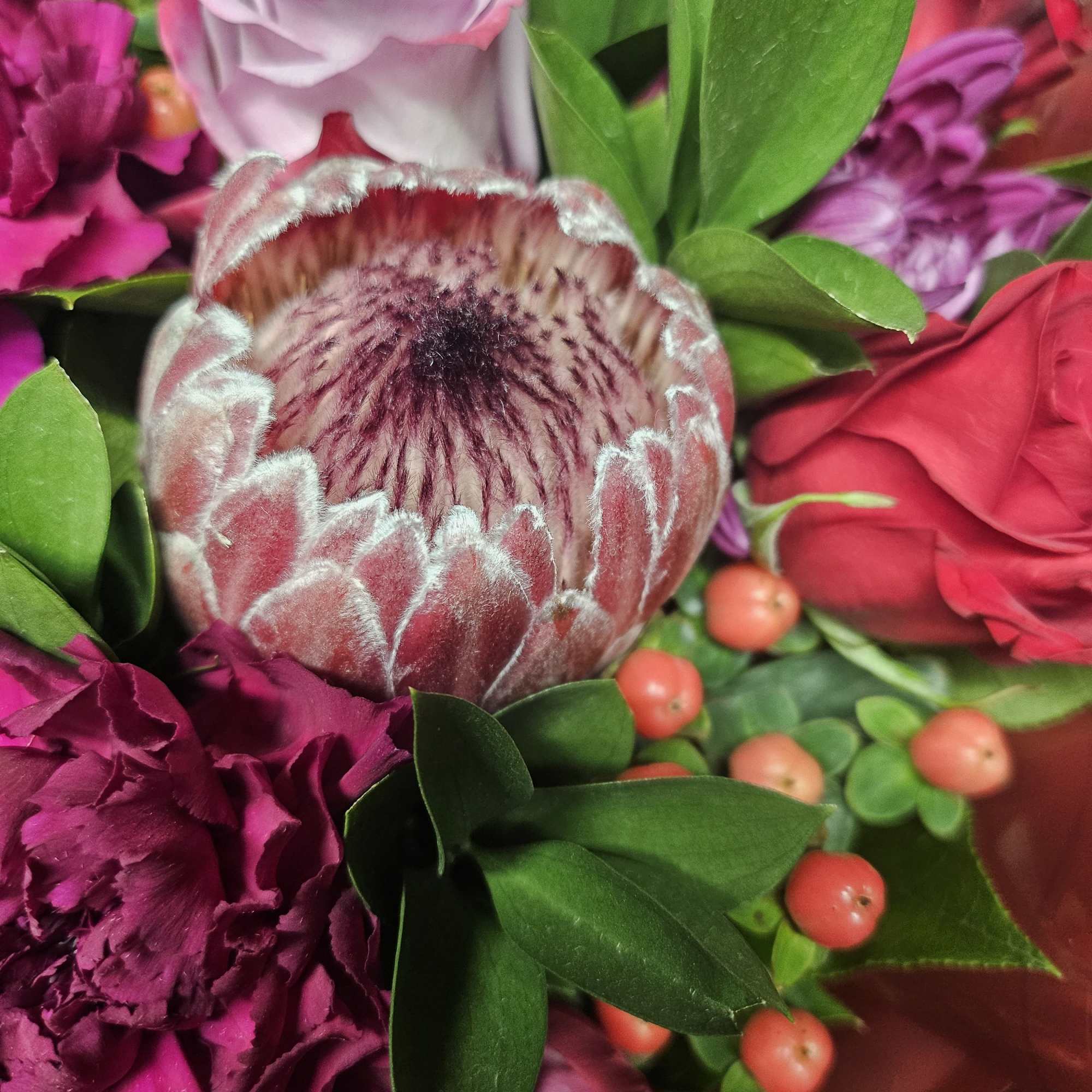 Close-up bouquet with pink protea, roses, and magenta blooms