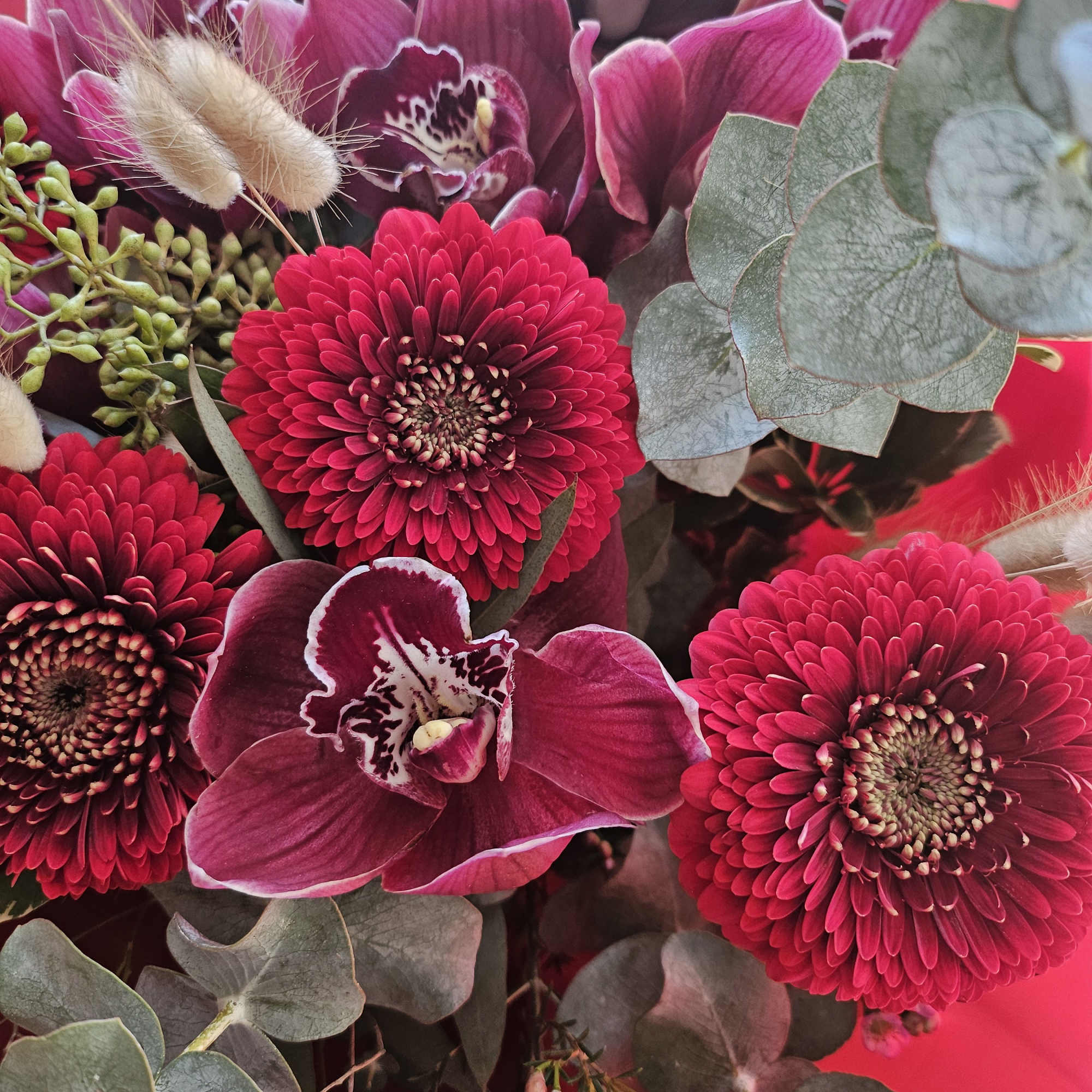 Bouquet of magenta orchids and gerbera daisies with silver eucalyptus