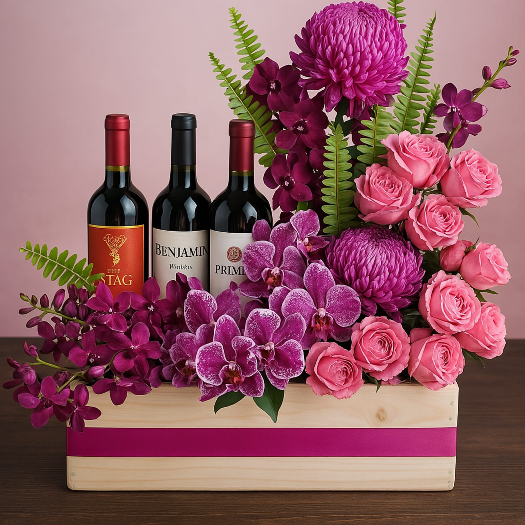 Pink and purple floral arrangement with three wine bottles in a wooden box