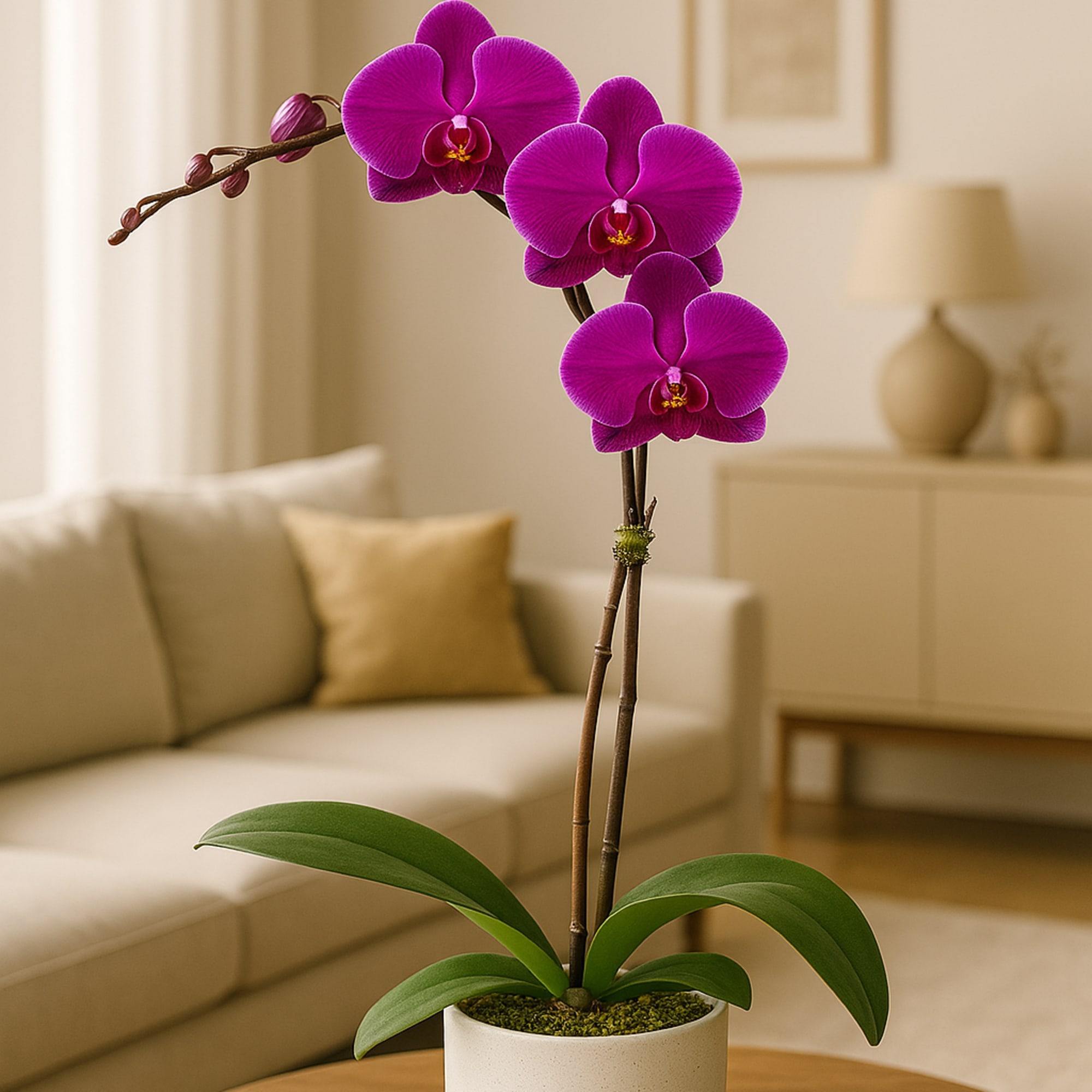 Potted purple orchid with three blooms in a white ceramic pot