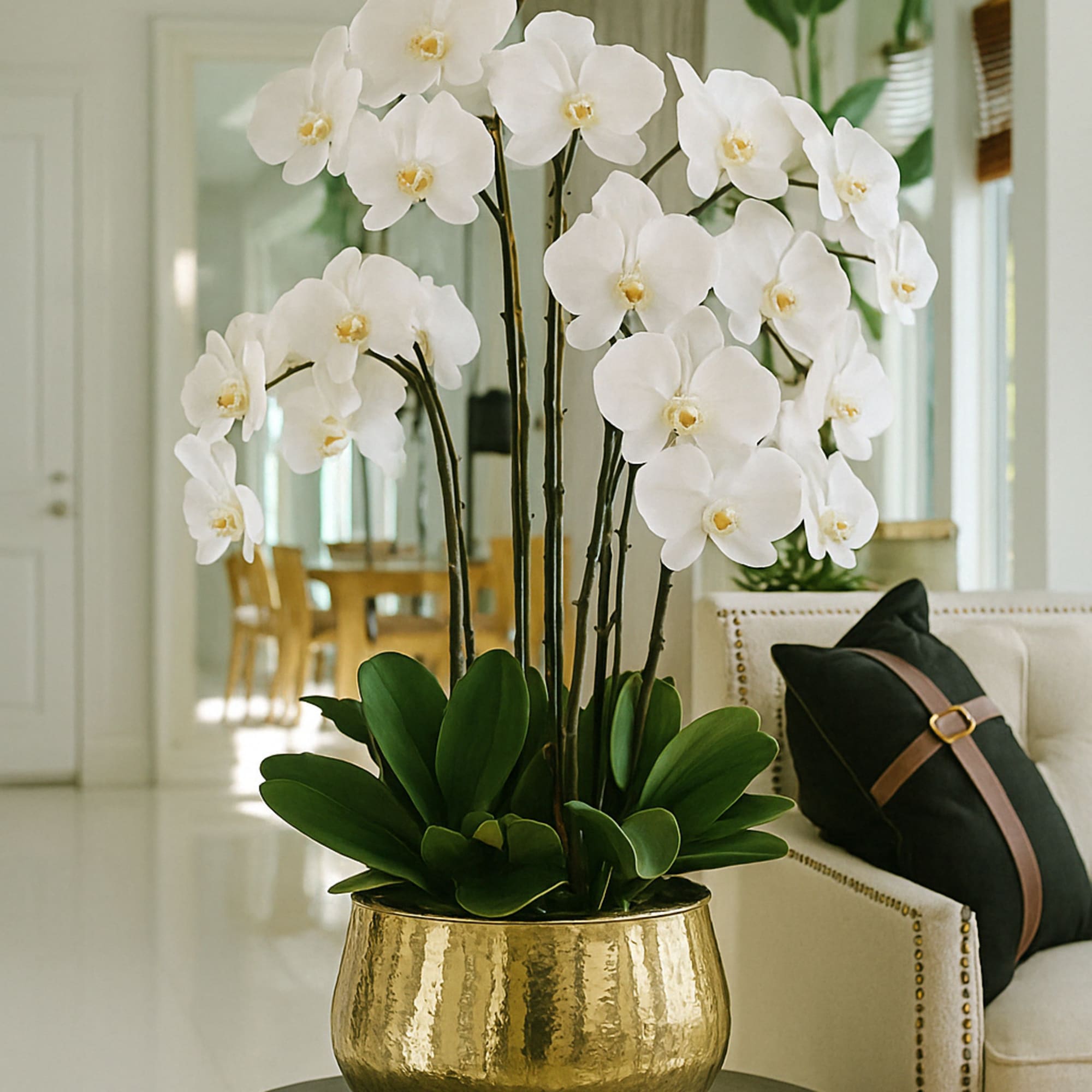 White orchid arrangement in a gold pot on a side table