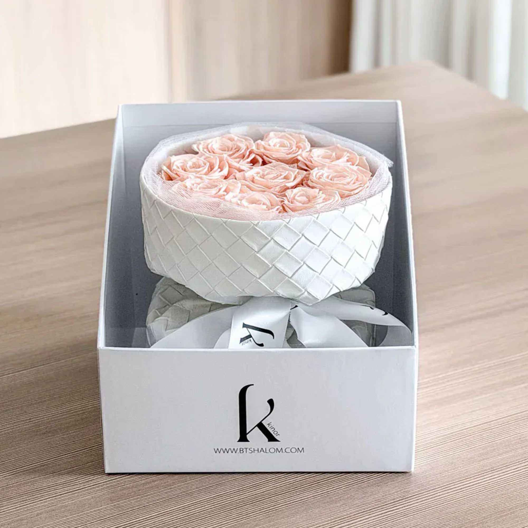 Boxed bouquet of pale pink roses in a white gift box