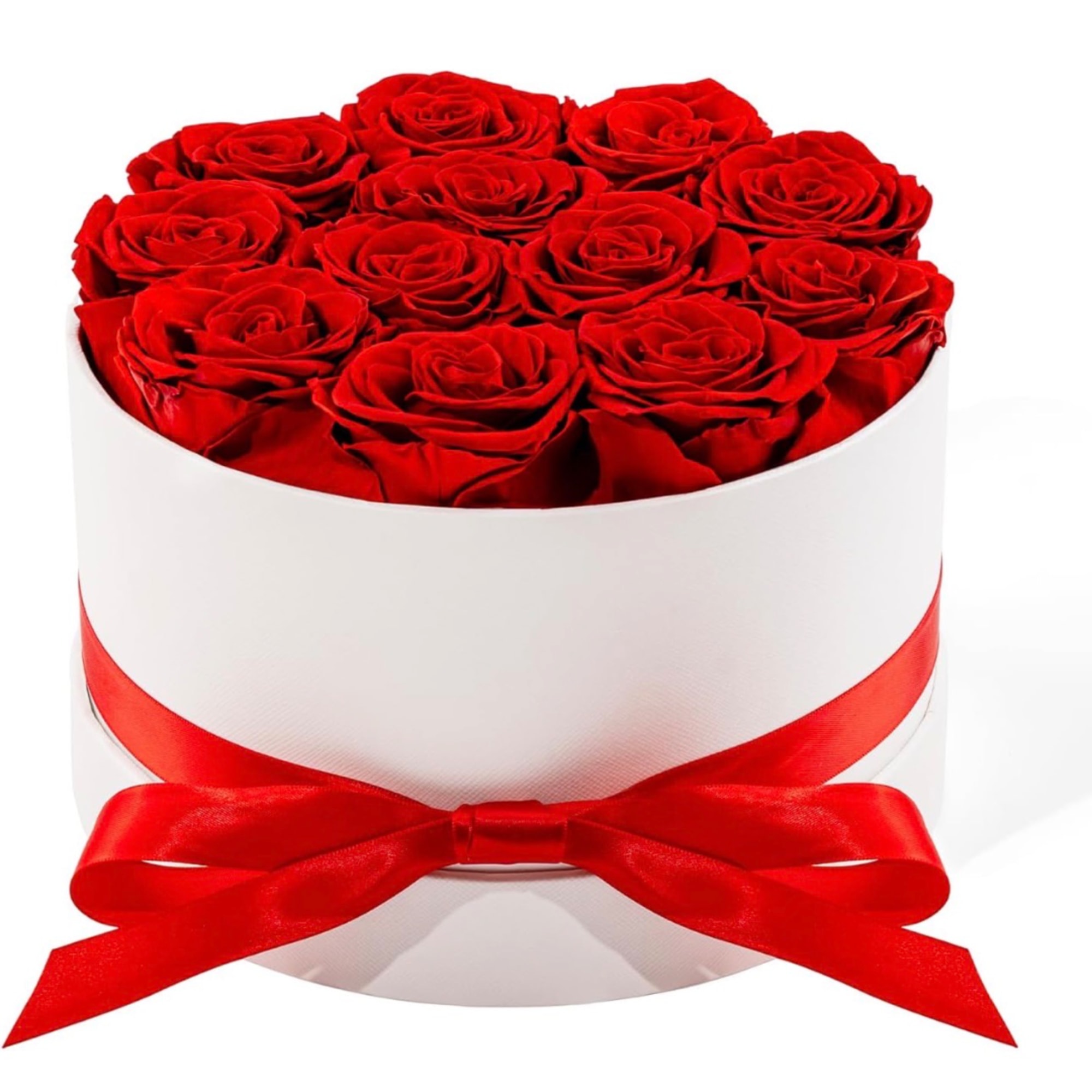 Red roses arranged in a white round box with a red ribbon