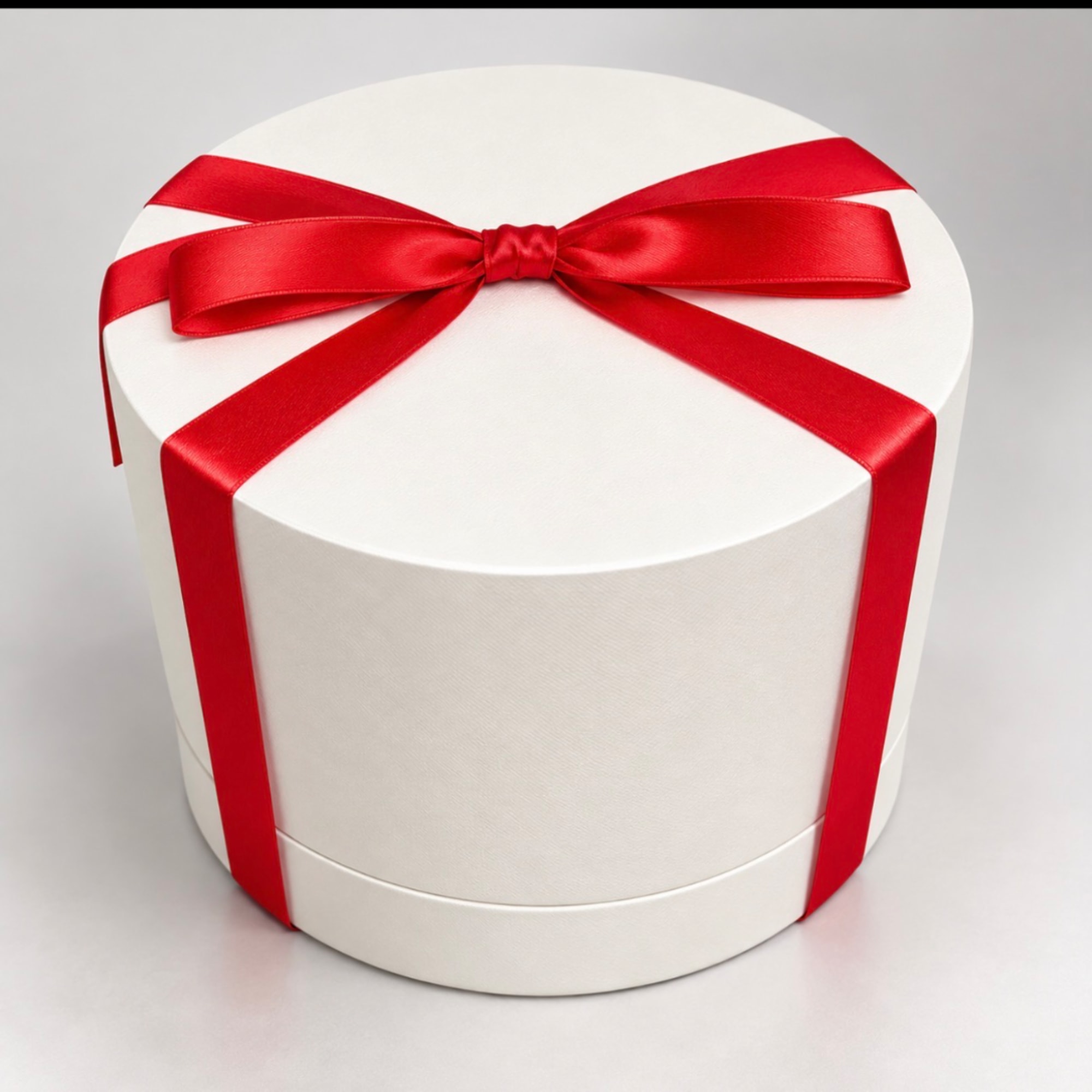 White round gift box tied with a red satin ribbon