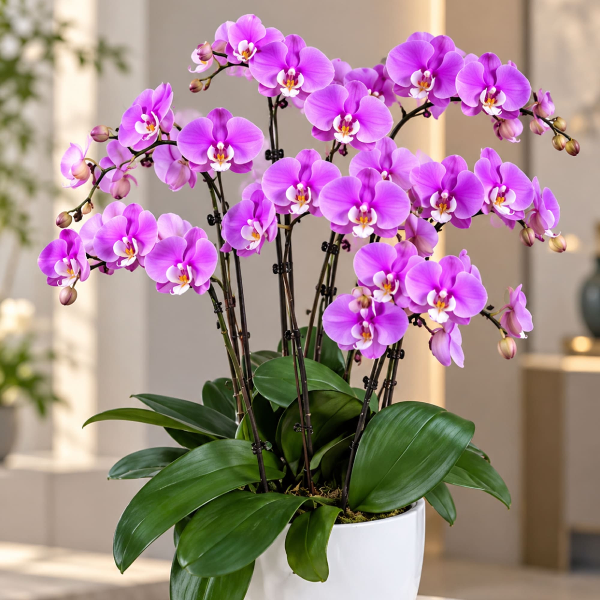 Potted arrangement of purple orchids in a white container