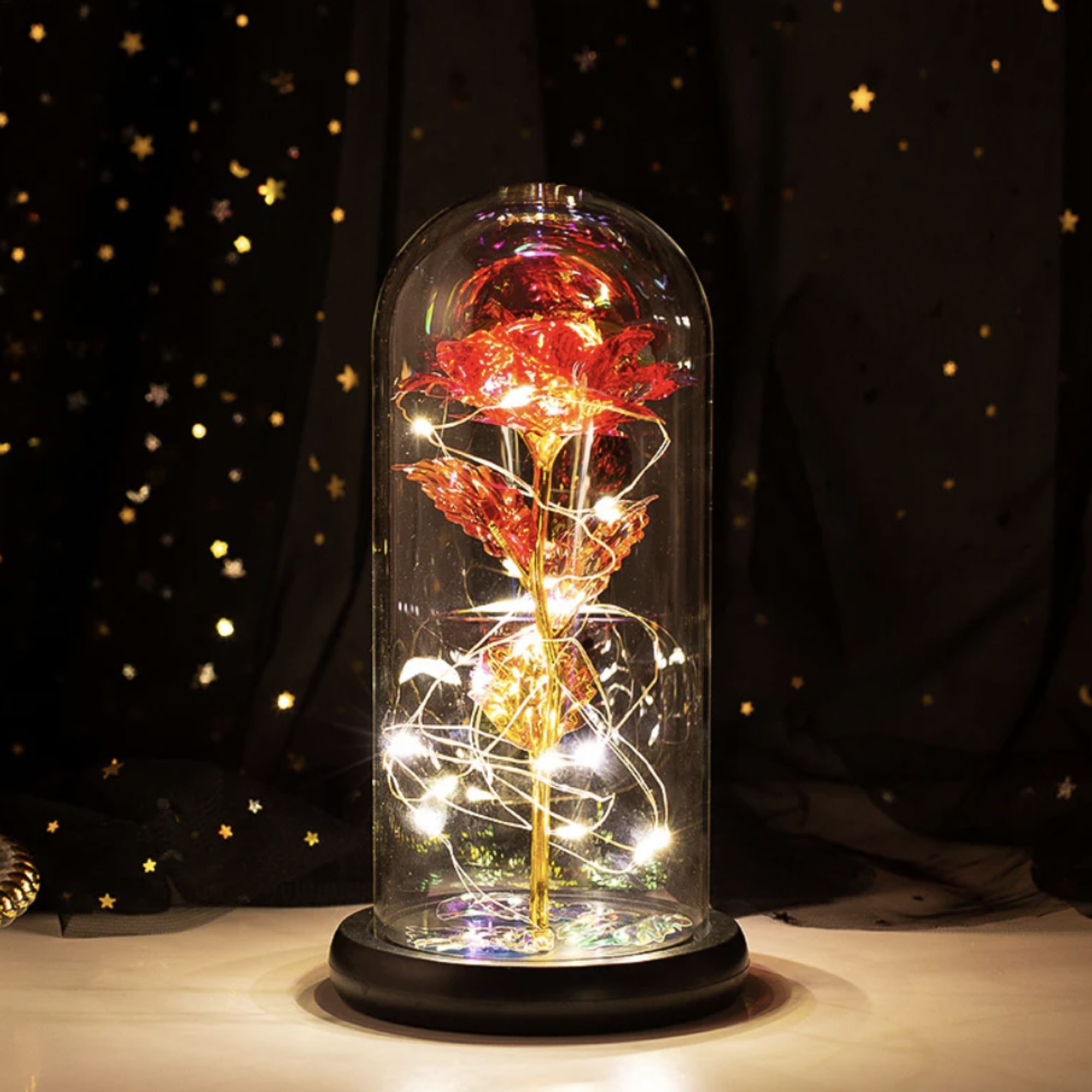 Red rose under a glass dome with string lights