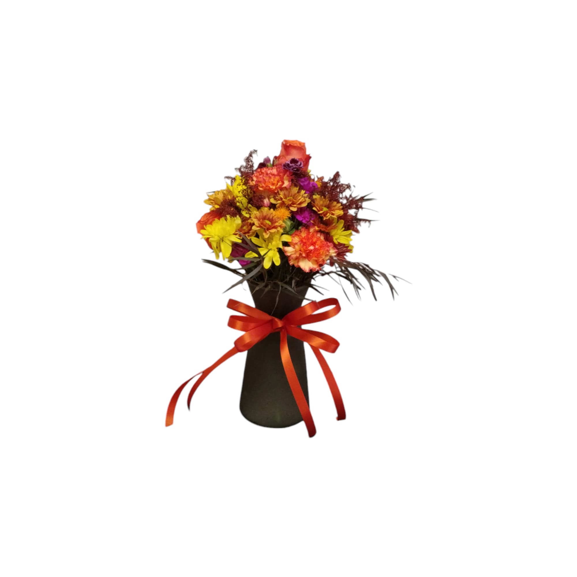 Colorful bouquet in a black vase with a red ribbon