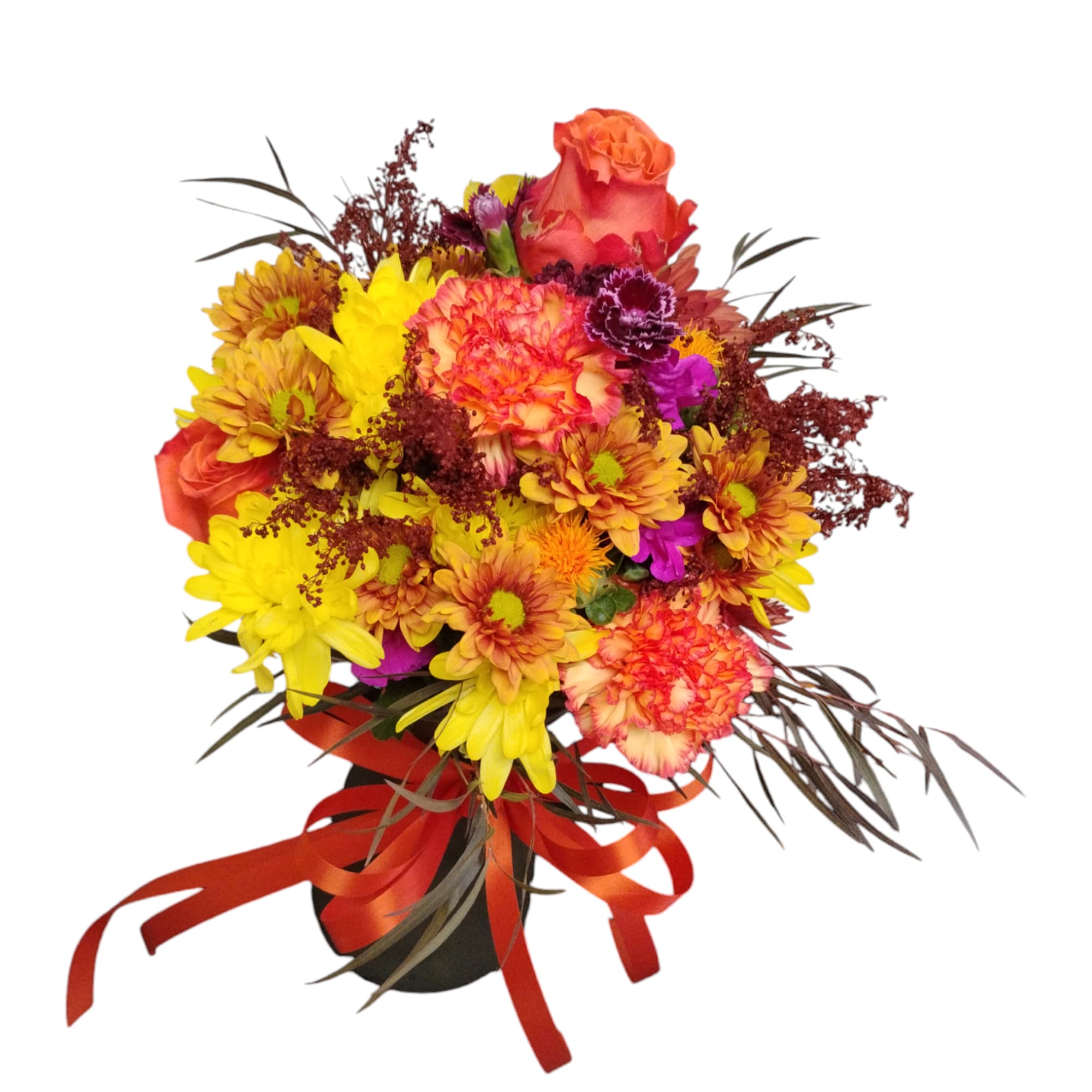 Bright mixed bouquet in a black vase with a red ribbon
