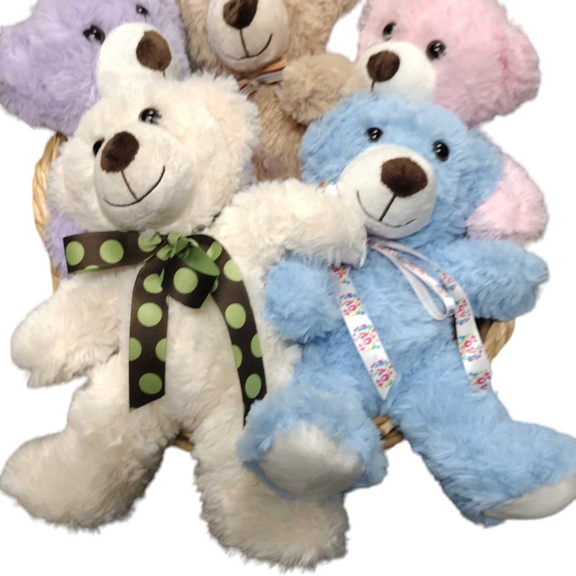 Five plush teddy bears in pastel colors with ribbons