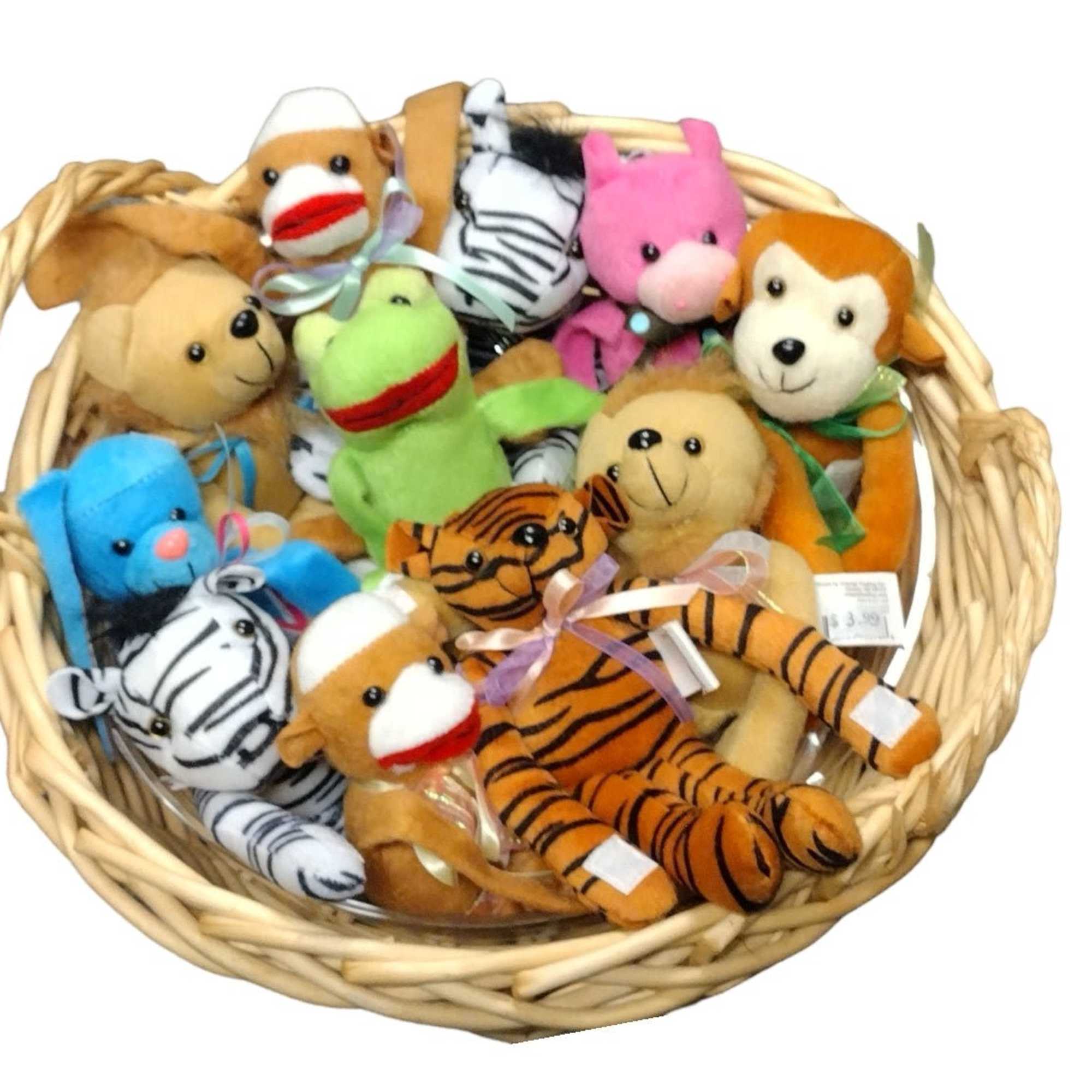 Basket of small plush animal toys in assorted colors, photo 2 of 3