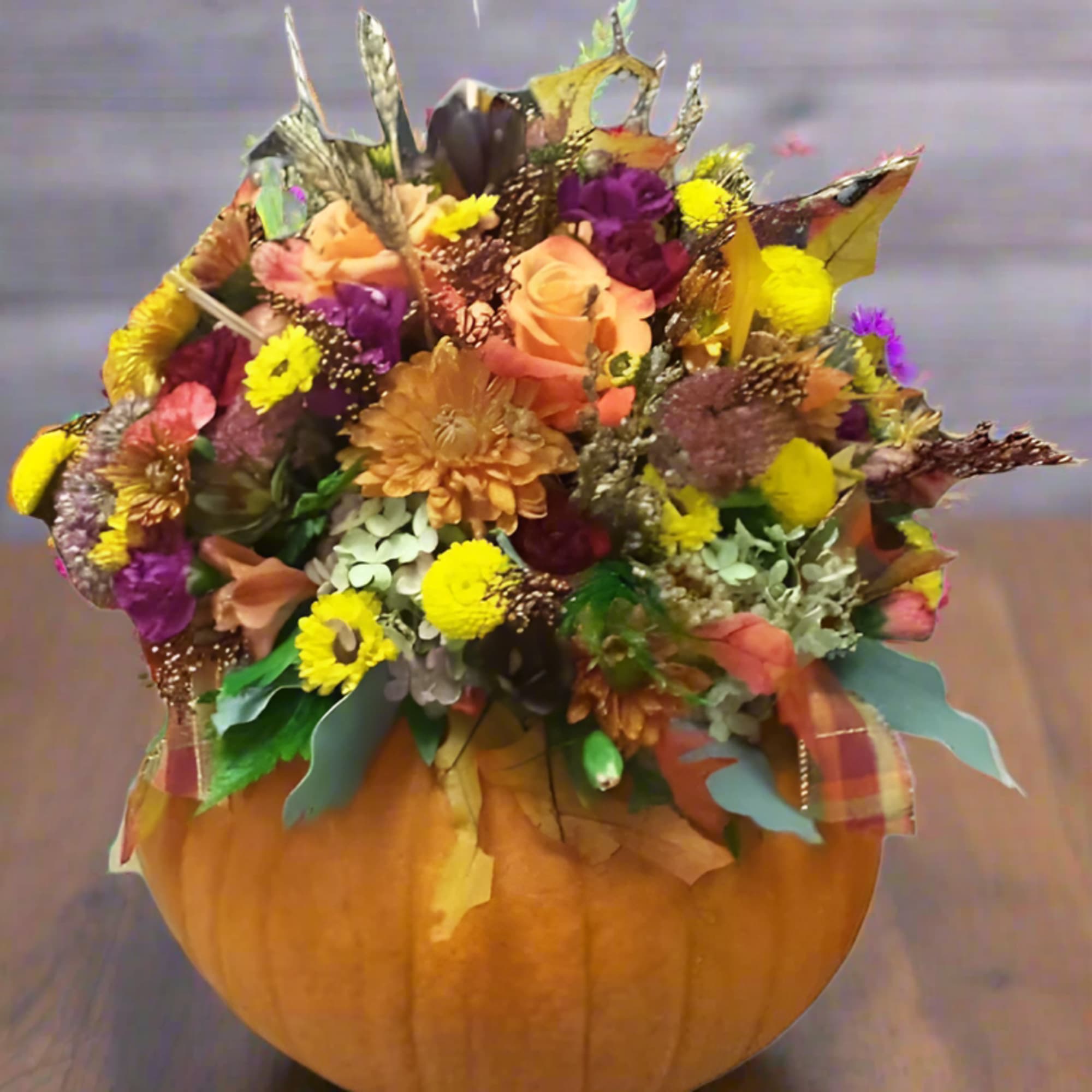 Elevate your autumn gatherings with our Pumpkin Patch Posies Centerpieces, a charming, photo 2 of 2