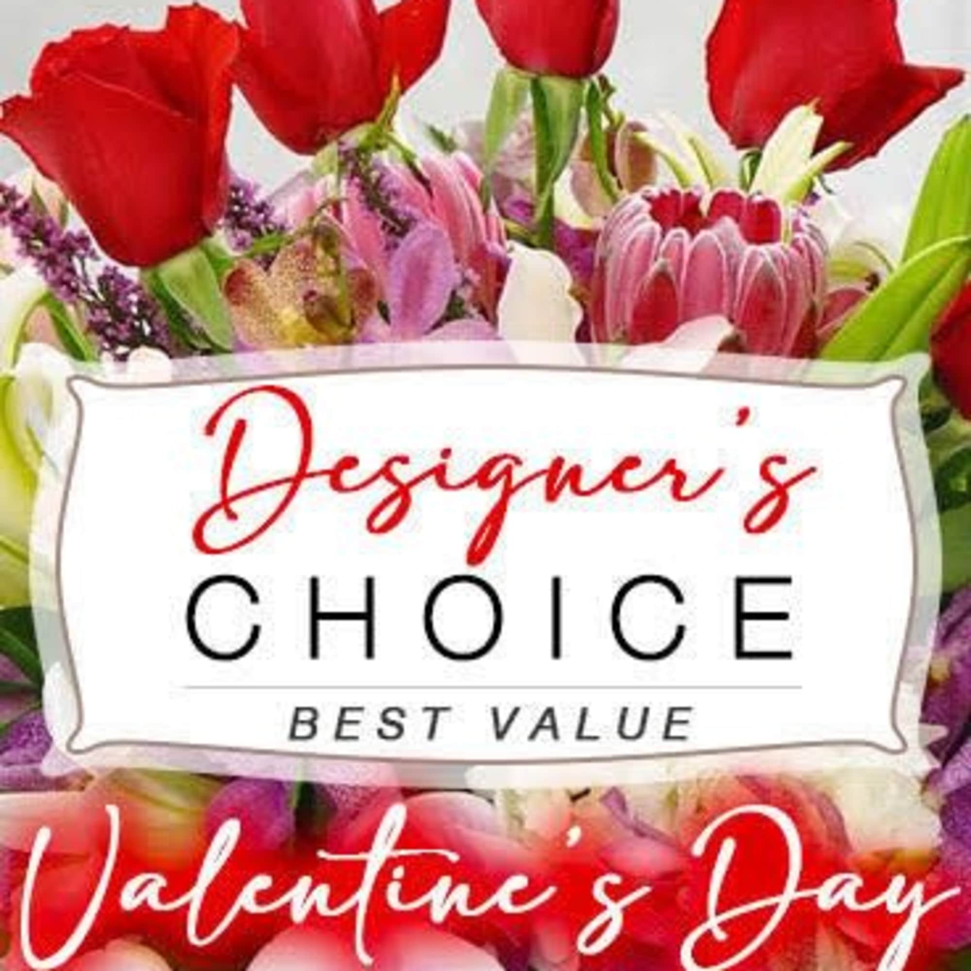 Mixed bouquet with red roses and pink orchids, labeled Designer's Choice.