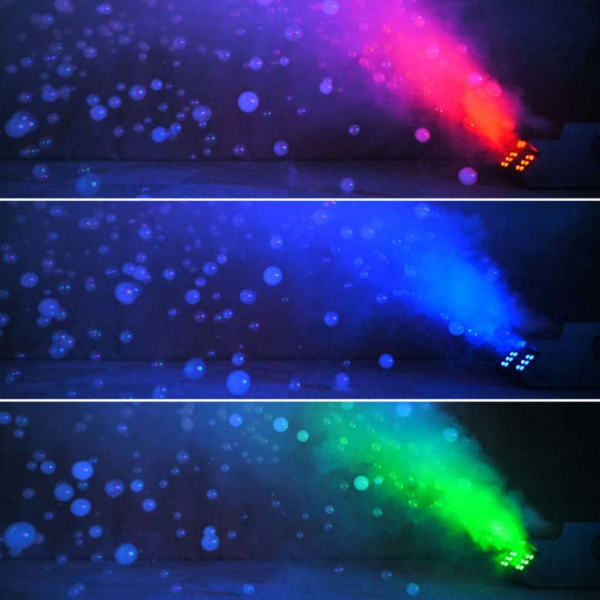 Colored stage lights and floating bubbles in a dark room