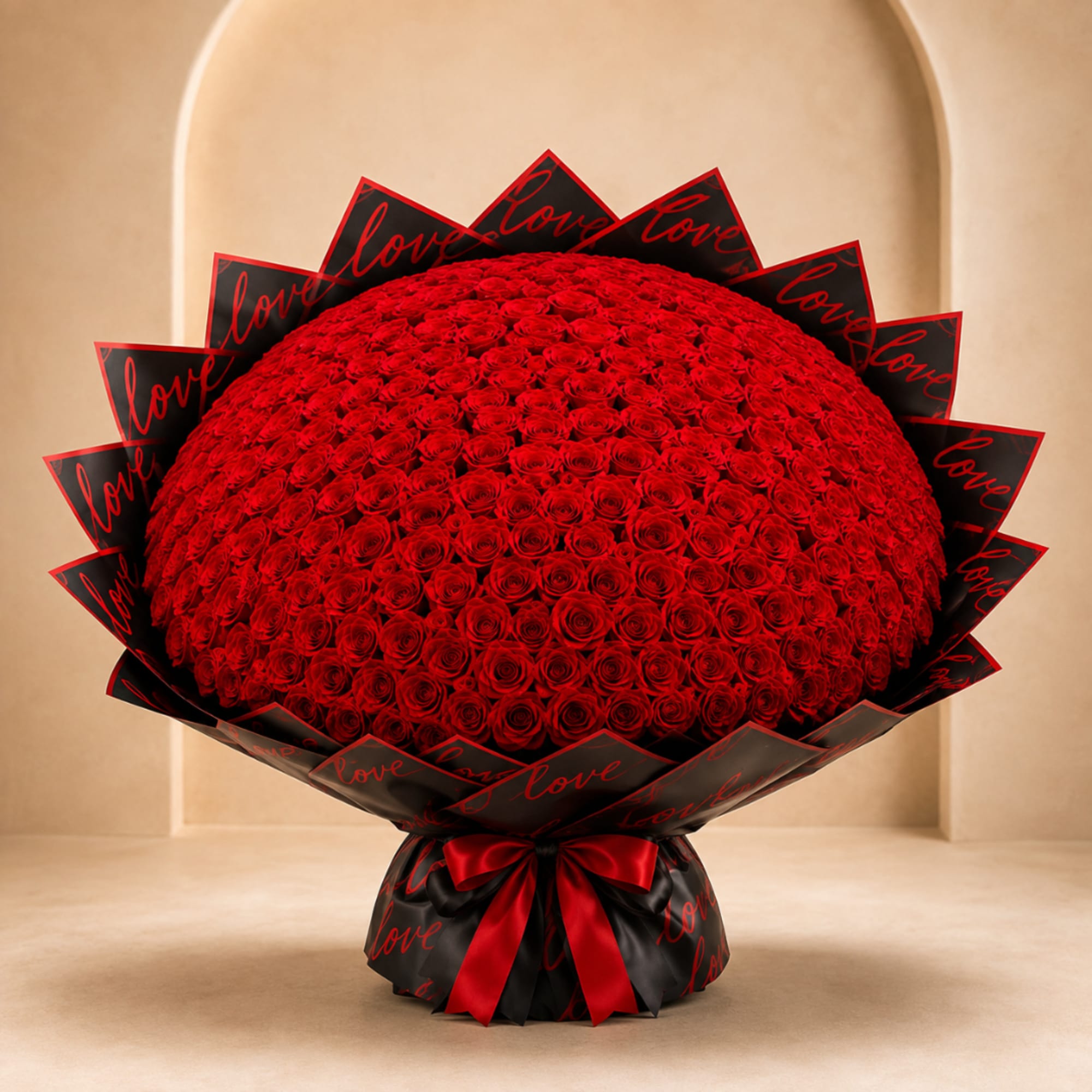 Large dome bouquet of red roses wrapped in black paper with red ribbon