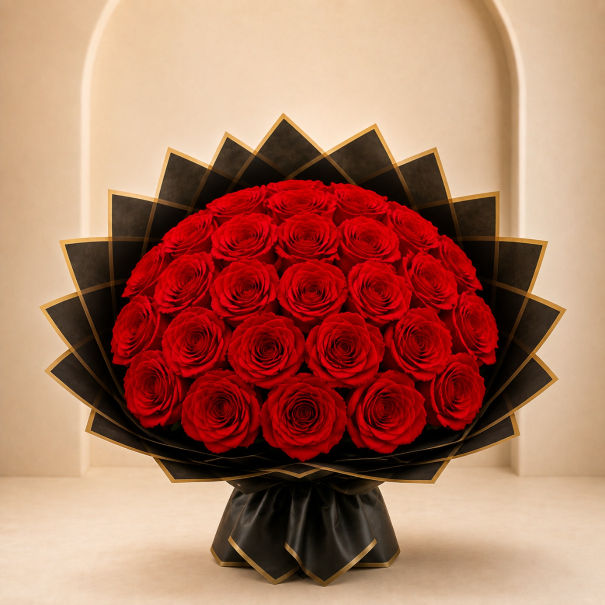 Round bouquet of red roses wrapped in black paper with gold trim