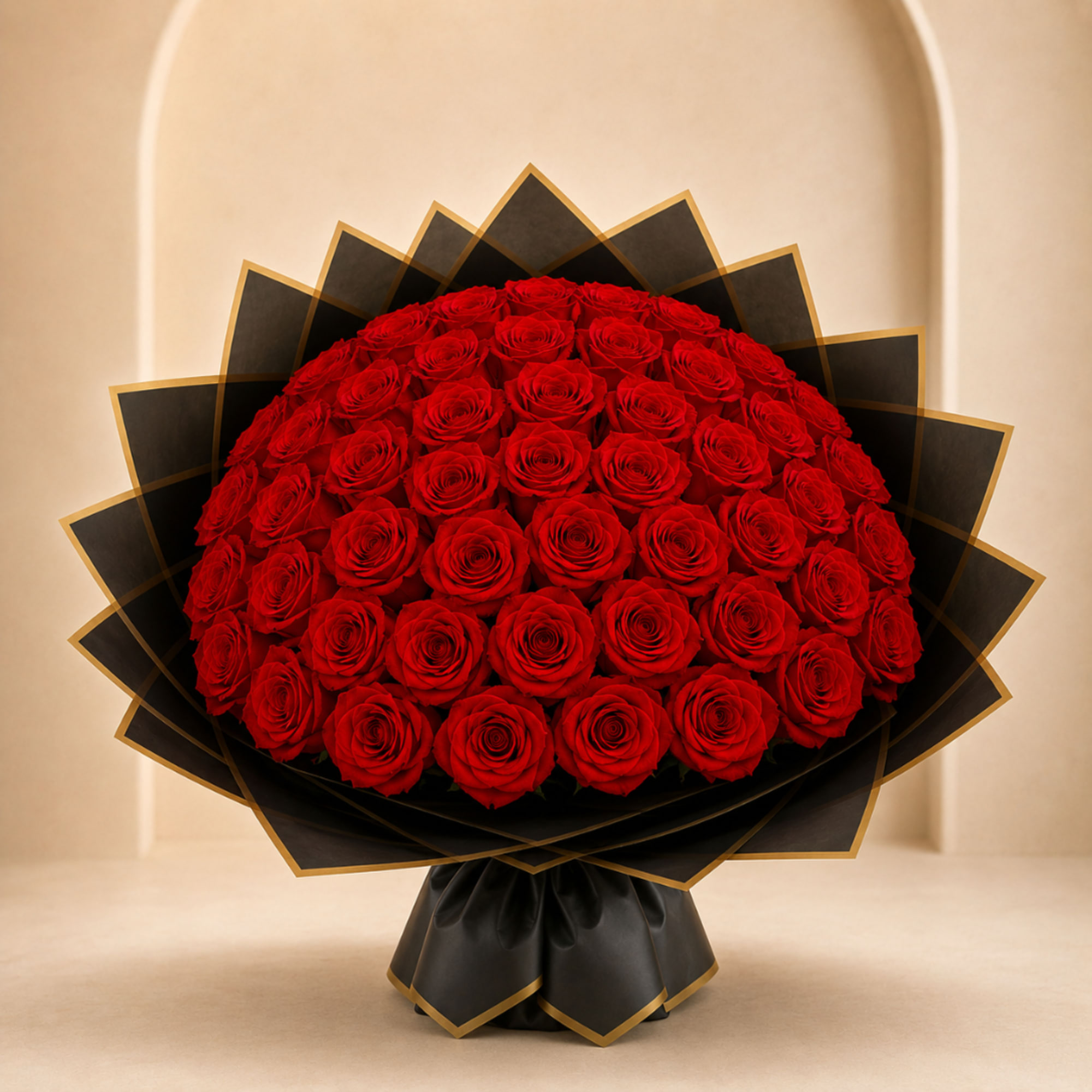 Large bouquet of red roses wrapped in black paper with gold trim