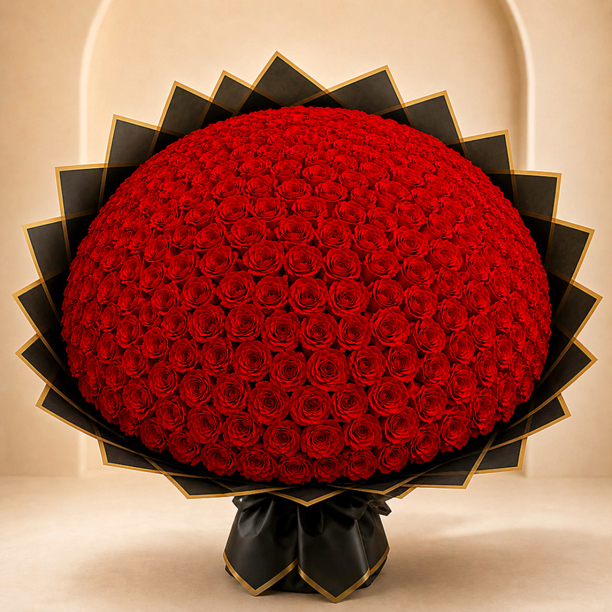 Large dome bouquet of red roses with black wrap and gold trim