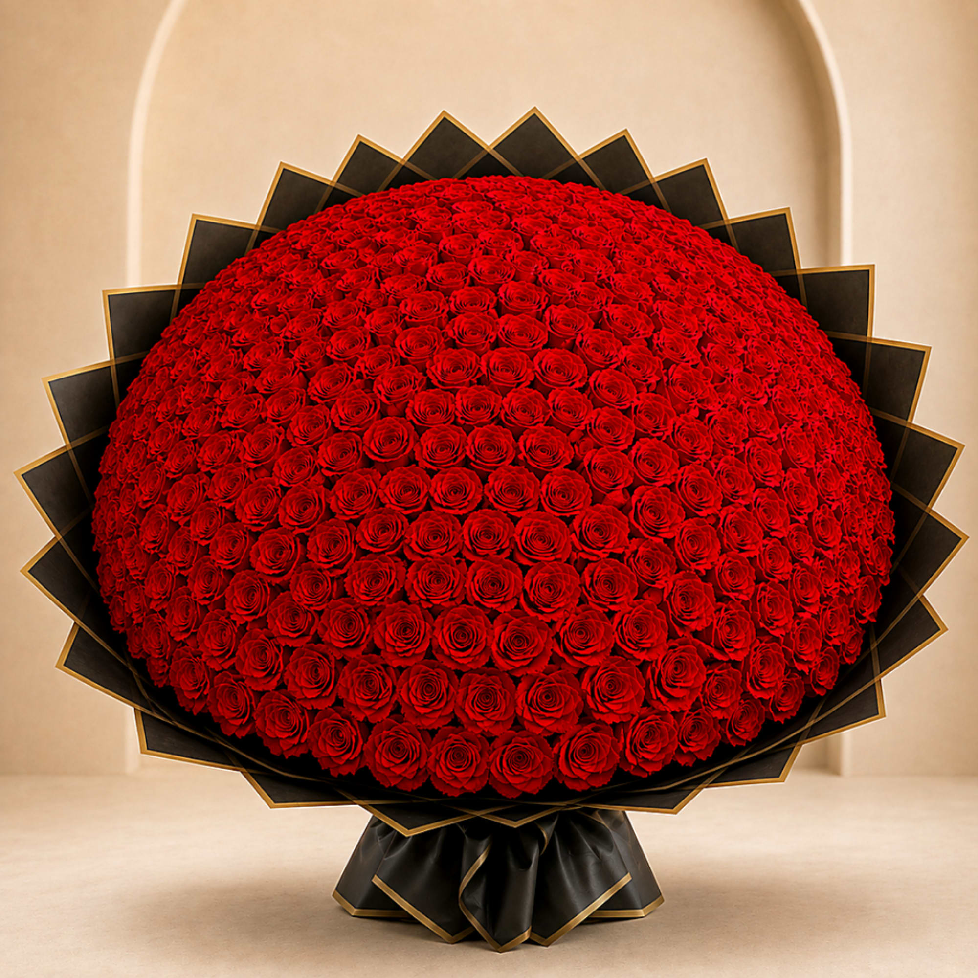 Large dome bouquet of red roses wrapped in black paper with gold trim
