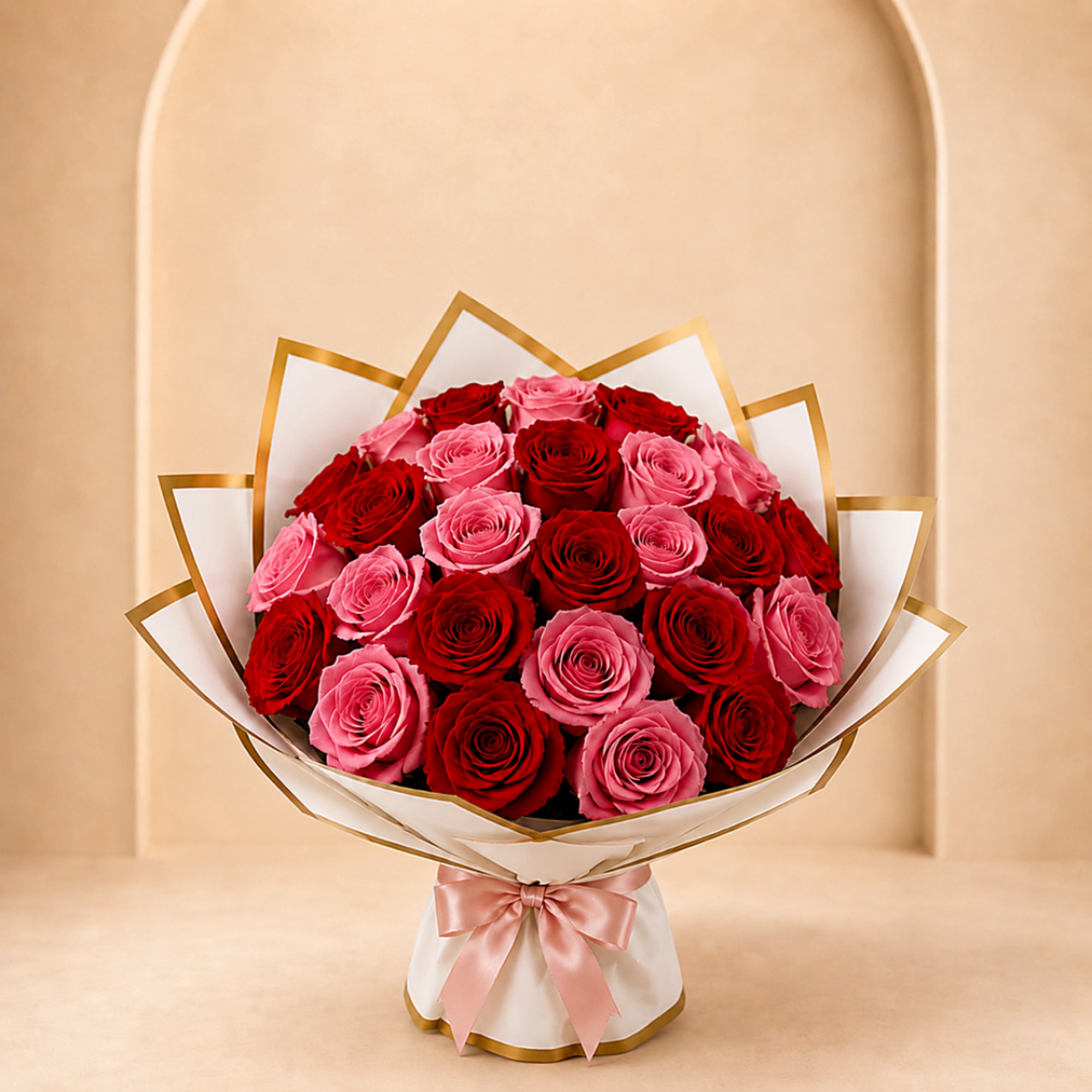 Bouquet of red and pink roses wrapped in white paper with a pink ribbon