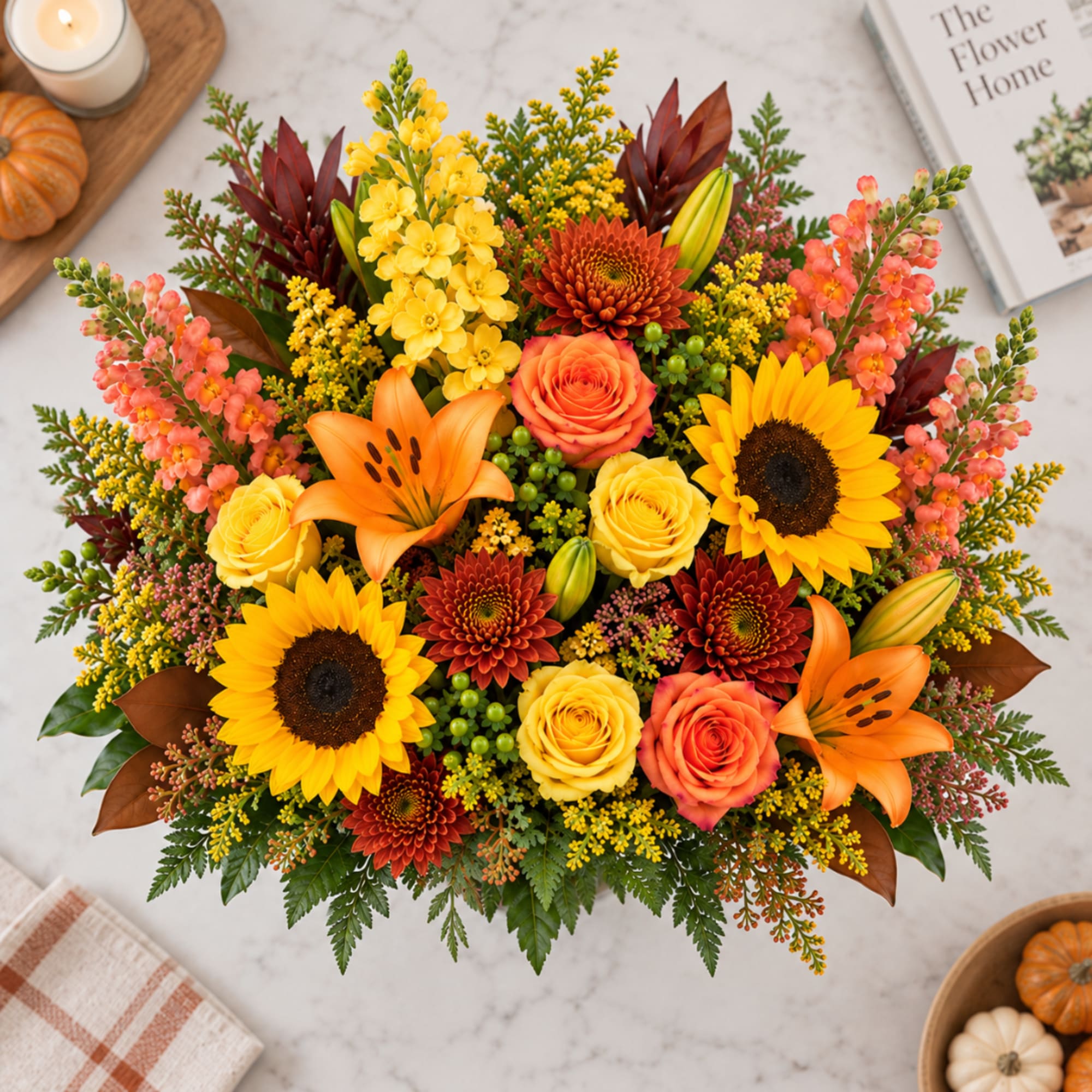 Autumn bouquet with sunflowers, roses, lilies, and mums in warm orange and yellow tones